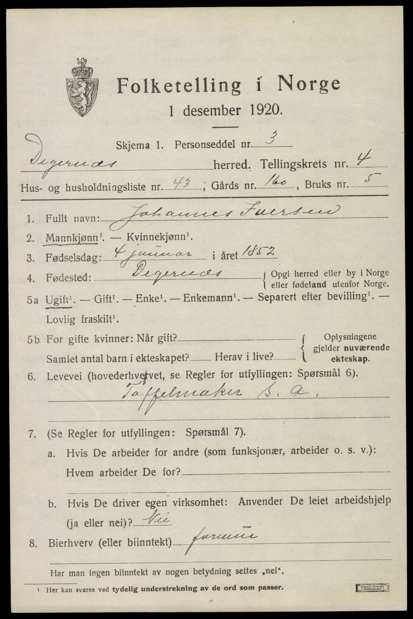 SAO, 1920 census for Degernes, 1920, p. 2736