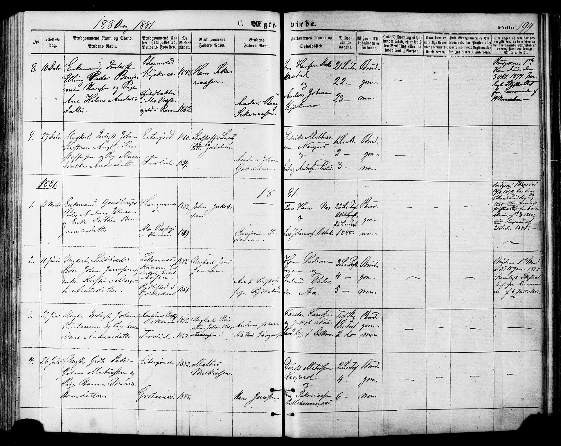 Ministerialprotokoller, klokkerbøker og fødselsregistre - Nordland, SAT/A-1459/846/L0645: Parish register (official) no. 846A03, 1872-1886, p. 199