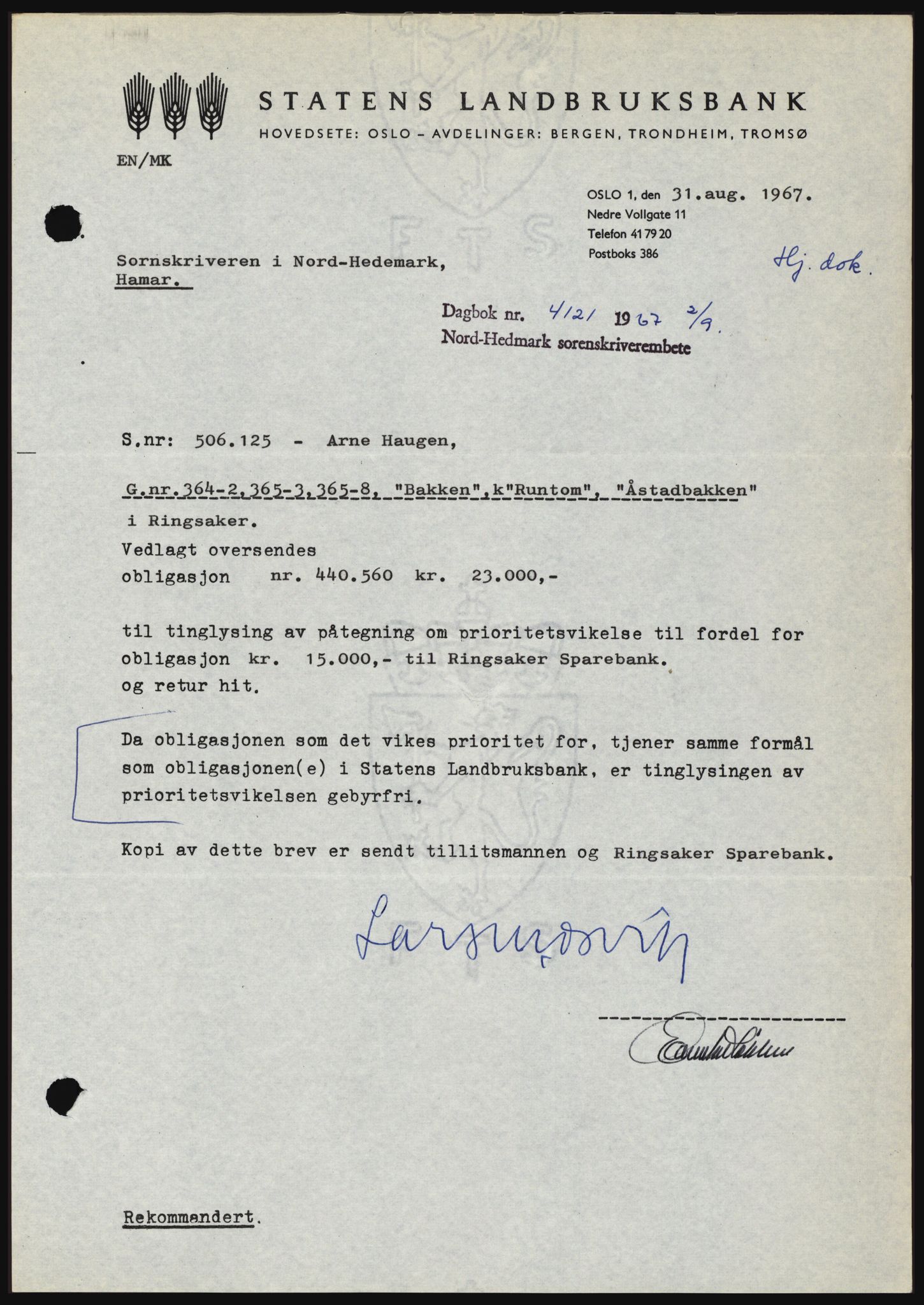 Nord-Hedmark sorenskriveri, SAH/TING-012/H/Hc/L0026: Mortgage book no. 26, 1967-1967, Diary no: : 4121/1967