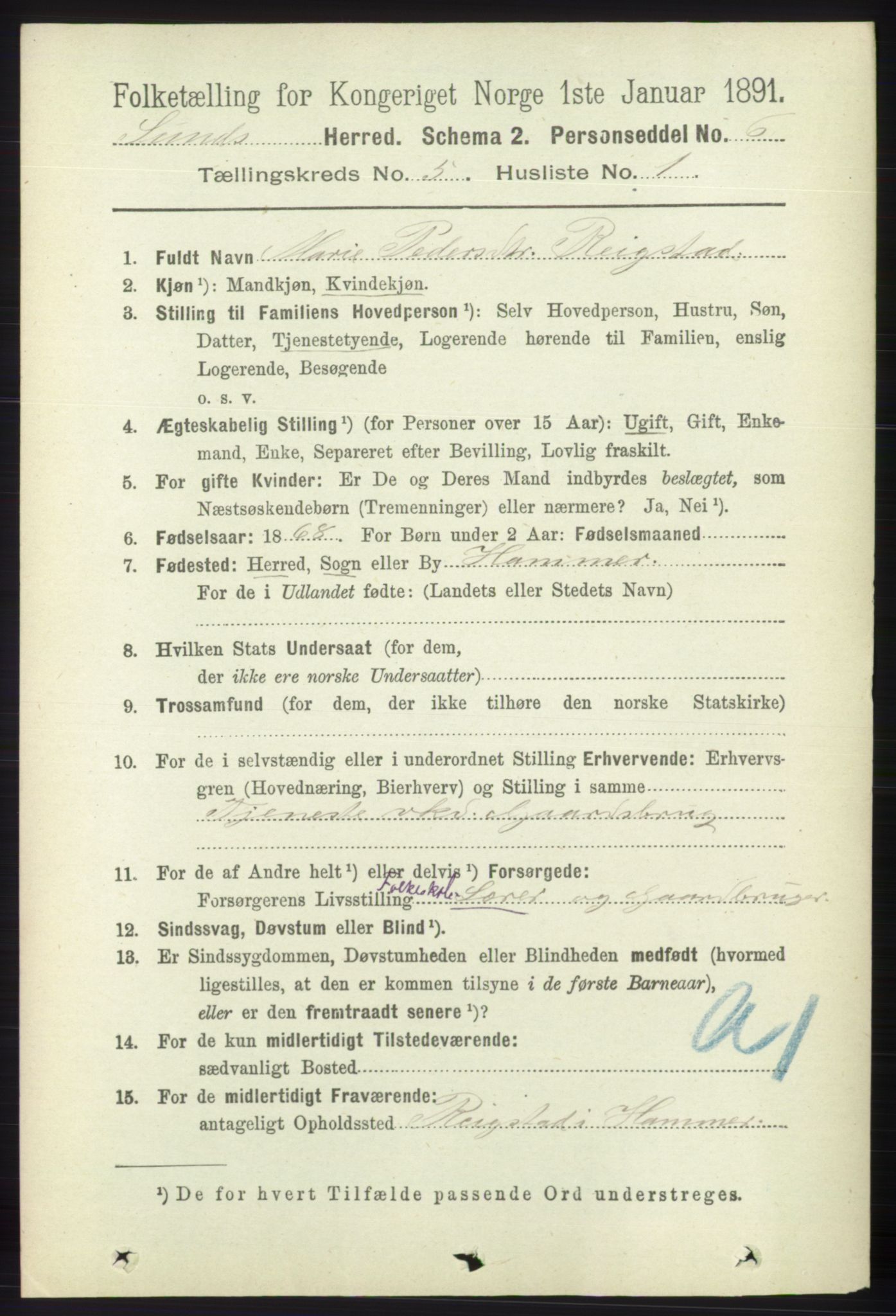 RA, 1891 census for 1245 Sund, 1891, p. 2373