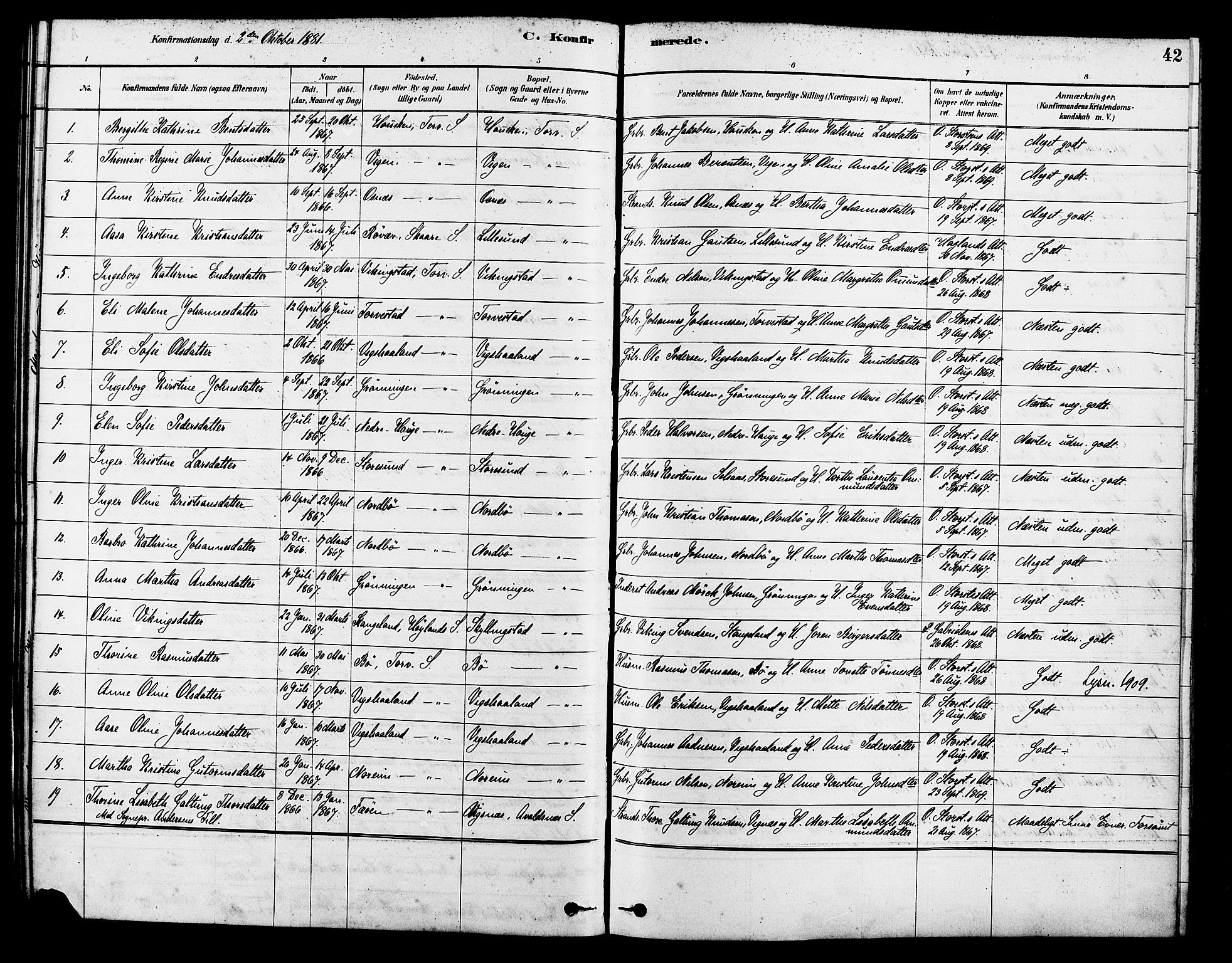 Torvastad sokneprestkontor, SAST/A -101857/H/Ha/Haa/L0014: Parish register (official) no. A 13, 1879-1888, p. 42