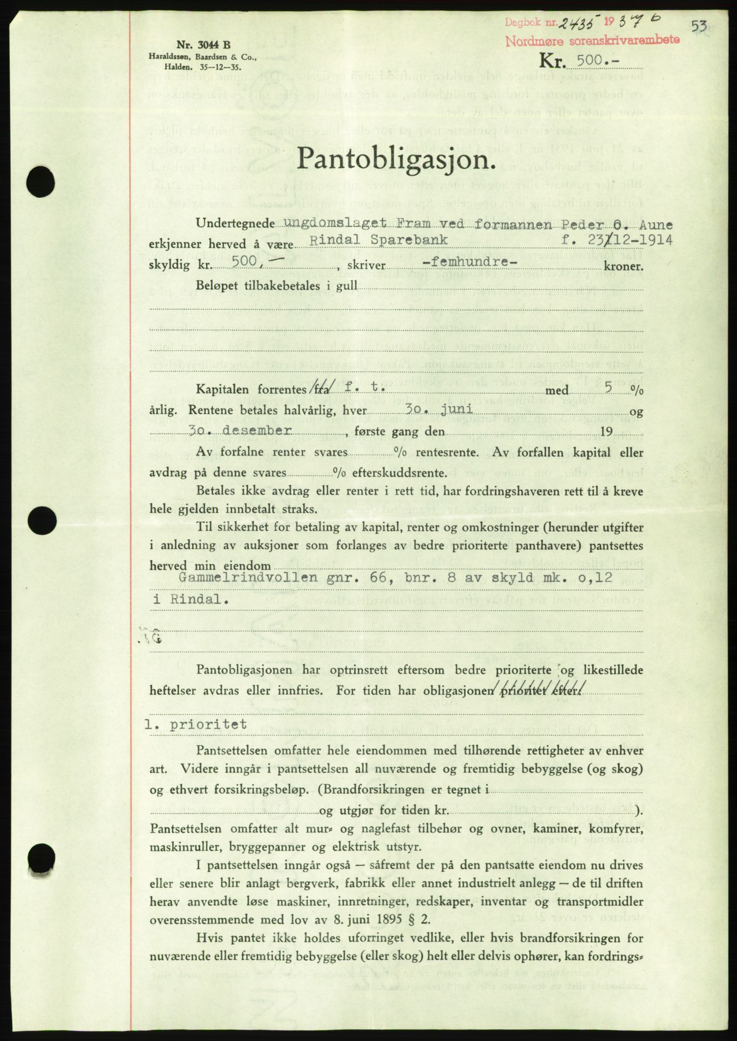 Nordmøre sorenskriveri, AV/SAT-A-4132/1/2/2Ca/L0092: Mortgage book no. B82, 1937-1938, Diary no: : 2435/1937