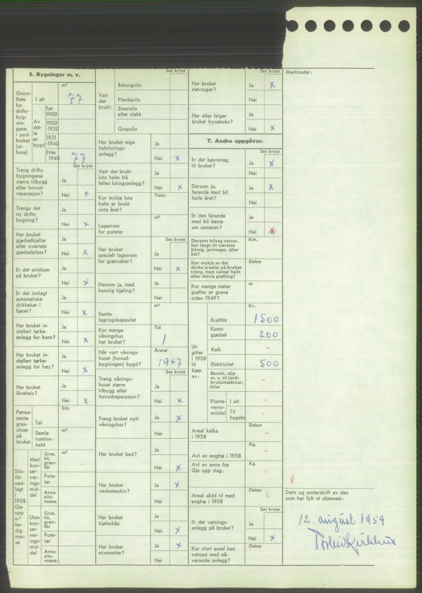 Statistisk sentralbyrå, Næringsøkonomiske emner, Jordbruk, skogbruk, jakt, fiske og fangst, AV/RA-S-2234/G/Gd/L0373: Rogaland: 1130 Strand (kl. 1-2), 1131 Årdal og 1132 Fister, 1959, p. 1102