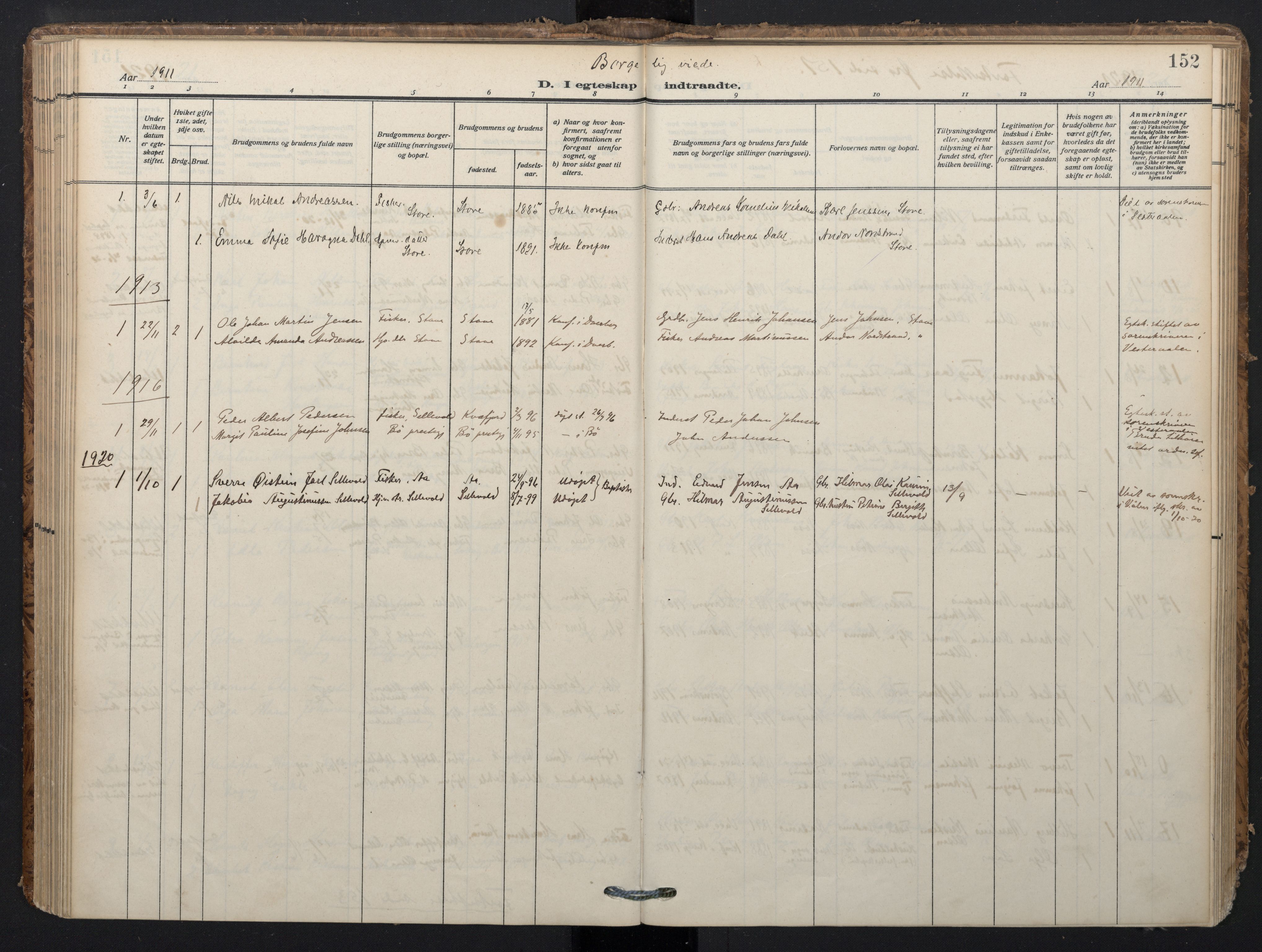 Ministerialprotokoller, klokkerbøker og fødselsregistre - Nordland, SAT/A-1459/897/L1401: Parish register (official) no. 897A08, 1909-1921, p. 152
