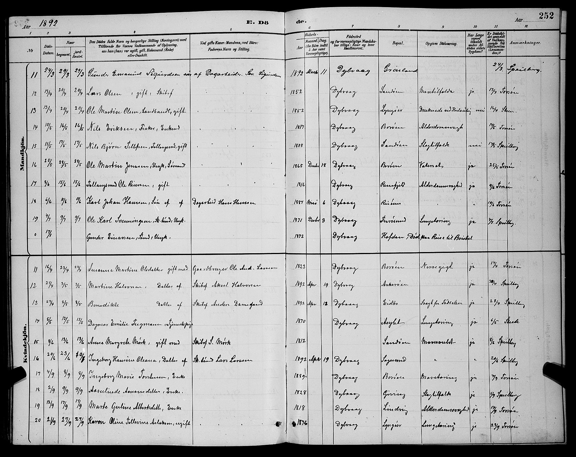 Dypvåg sokneprestkontor, SAK/1111-0007/F/Fb/Fba/L0013: Parish register (copy) no. B 13, 1887-1900, p. 252