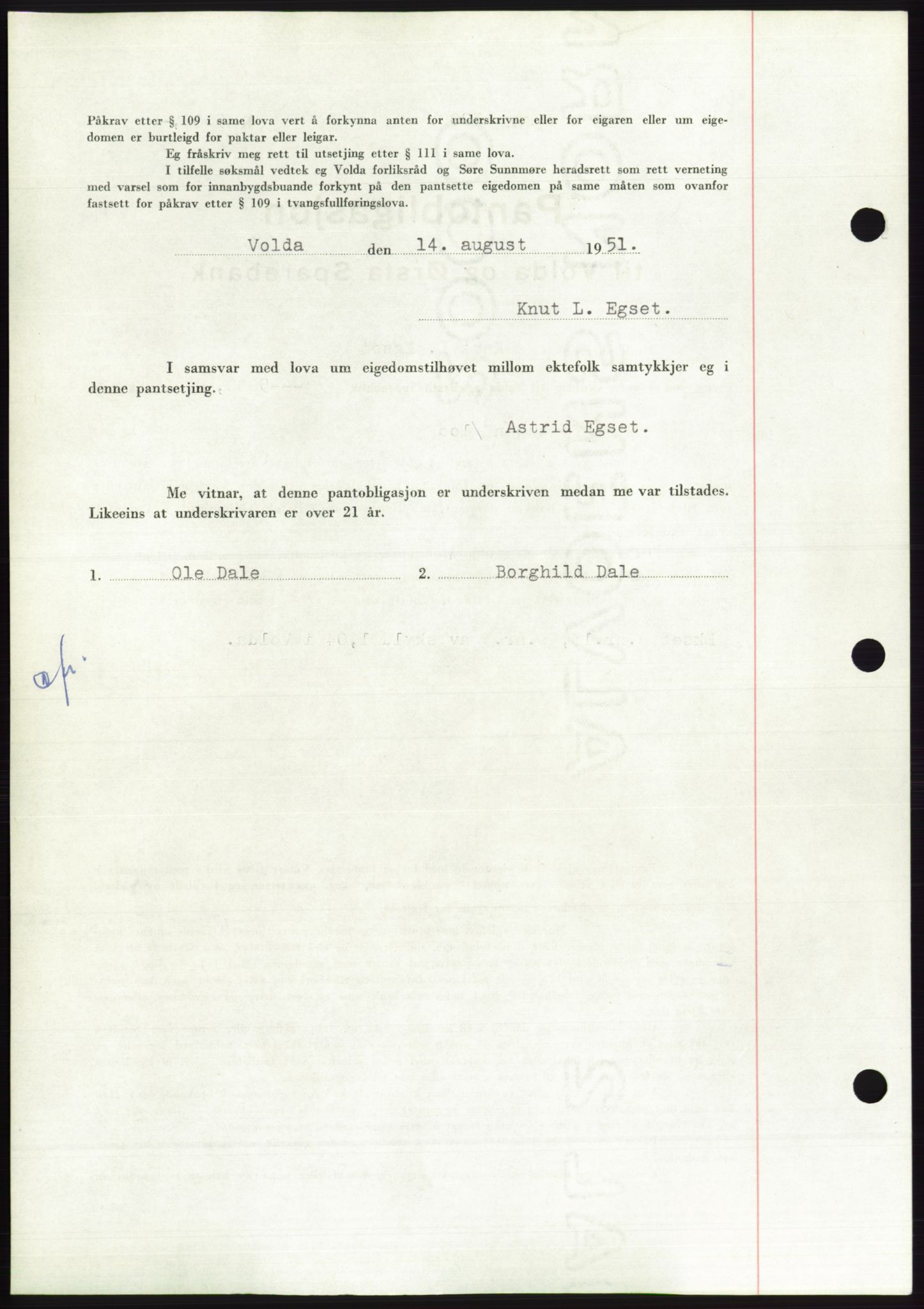 Søre Sunnmøre sorenskriveri, AV/SAT-A-4122/1/2/2C/L0120: Mortgage book no. 8B, 1951-1951, Diary no: : 1463/1951