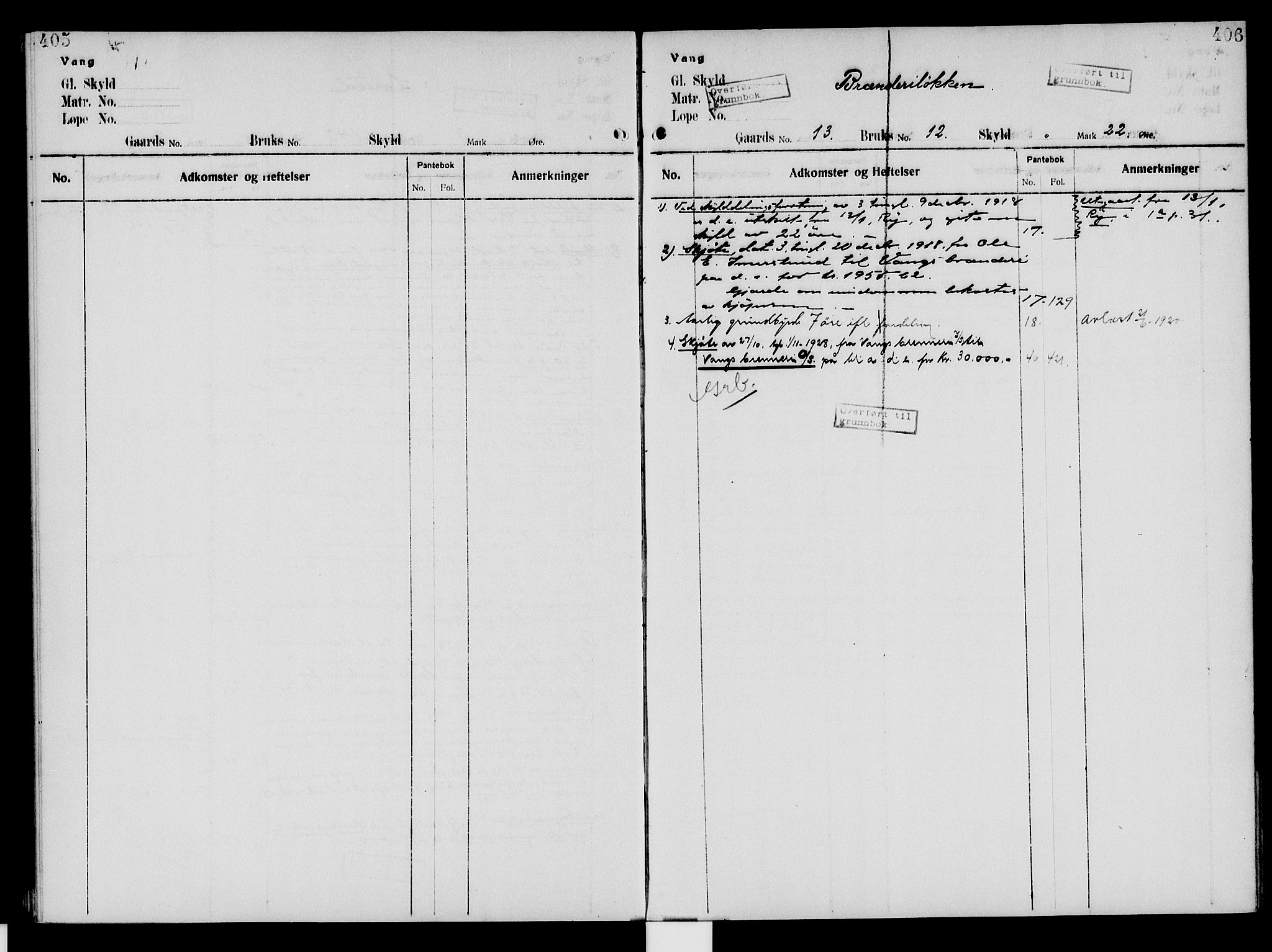 Nord-Hedmark sorenskriveri, SAH/TING-012/H/Ha/Had/Hade/L0005: Mortgage register no. 4.5, 1916-1940, p. 405-406