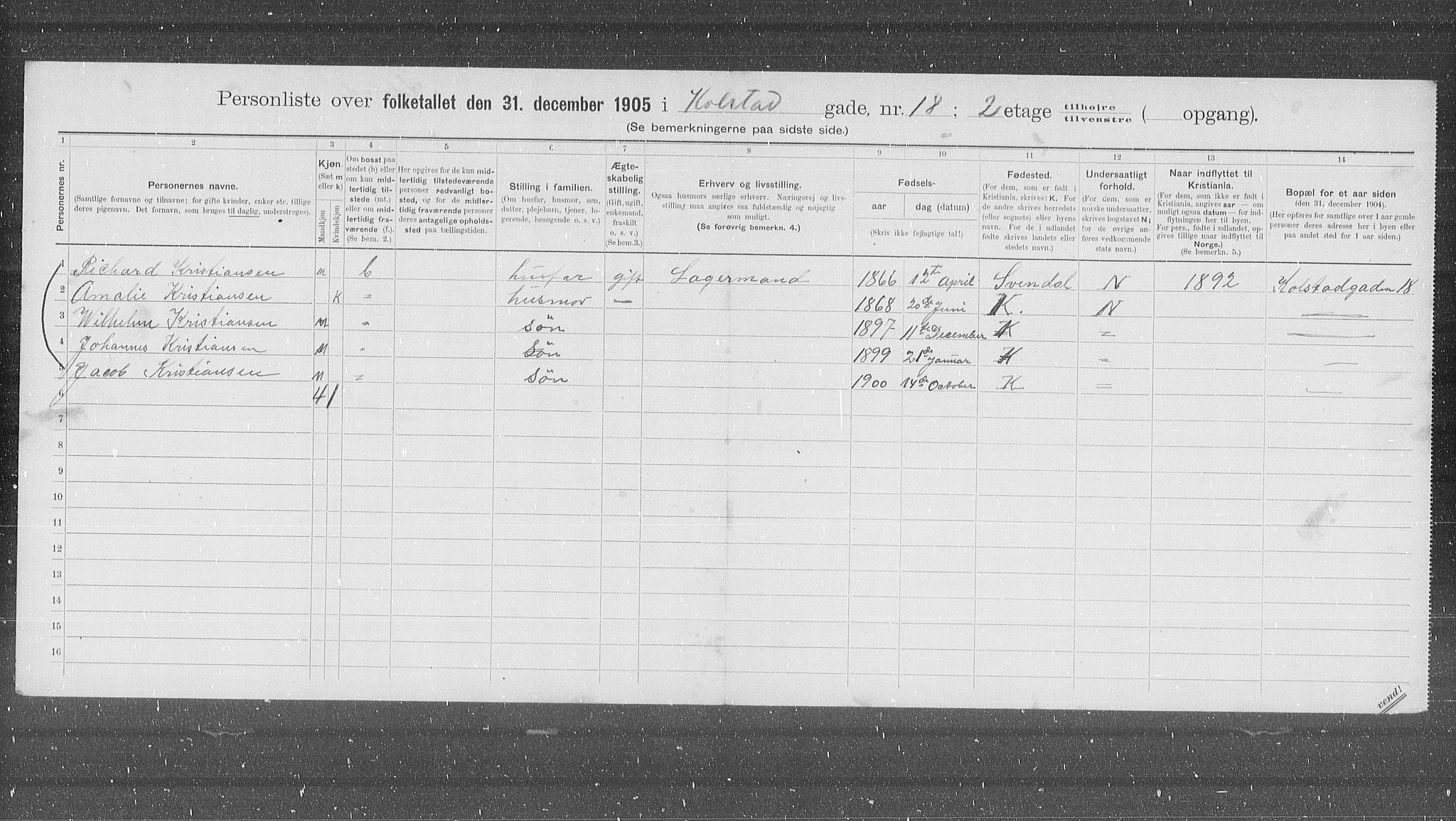 OBA, Municipal Census 1905 for Kristiania, 1905, p. 27607