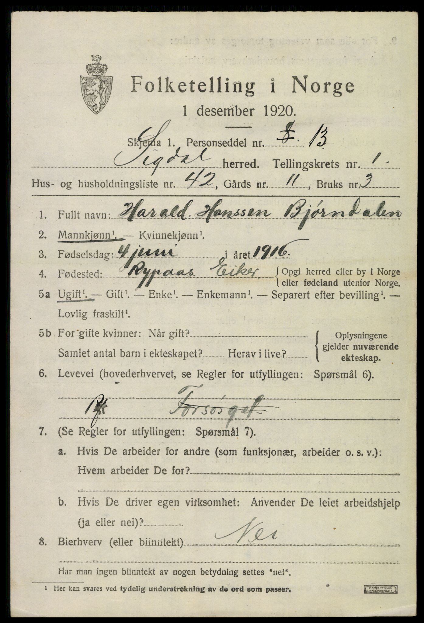 SAKO, 1920 census for Sigdal, 1920, p. 1926