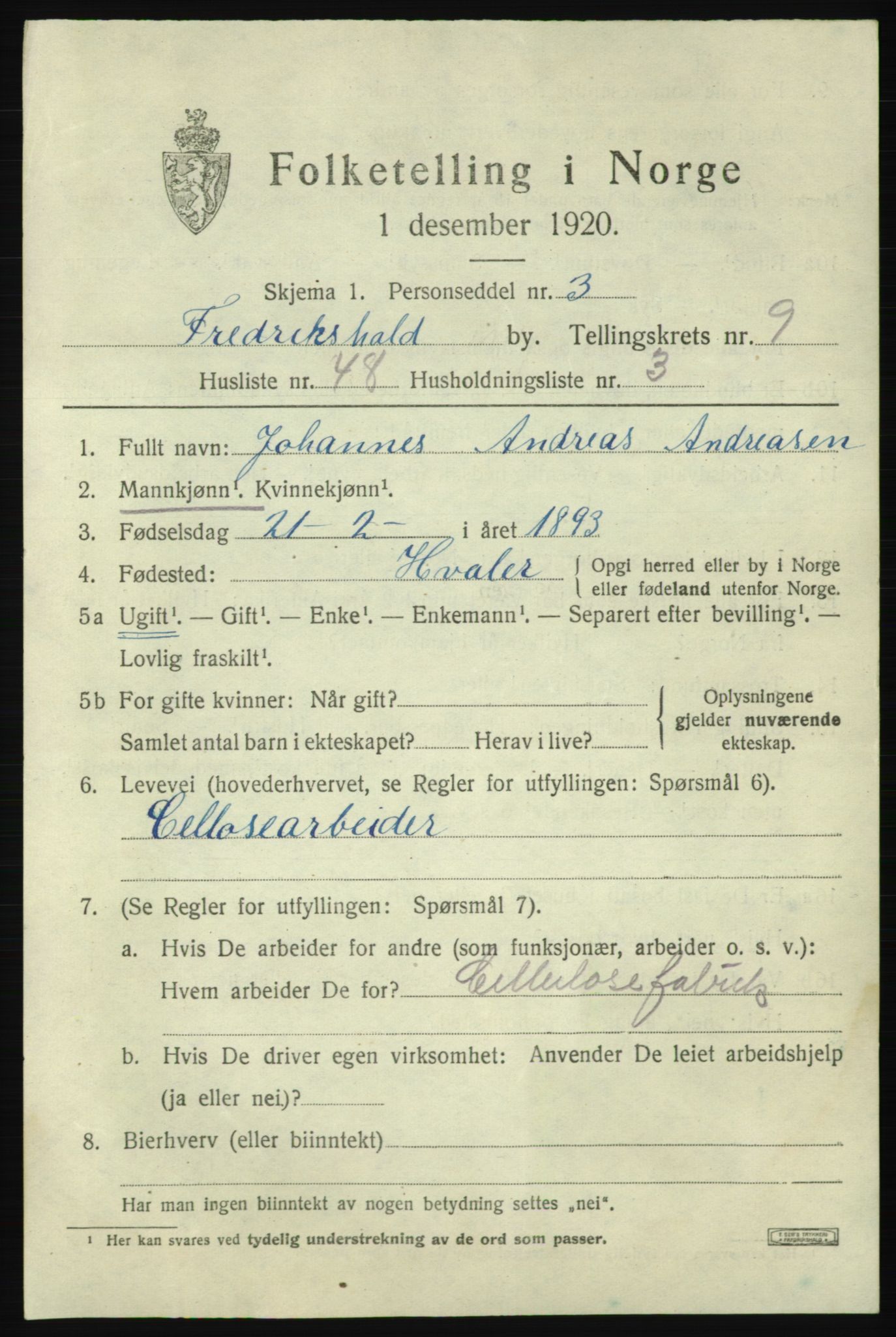 SAO, 1920 census for Fredrikshald, 1920, p. 17039