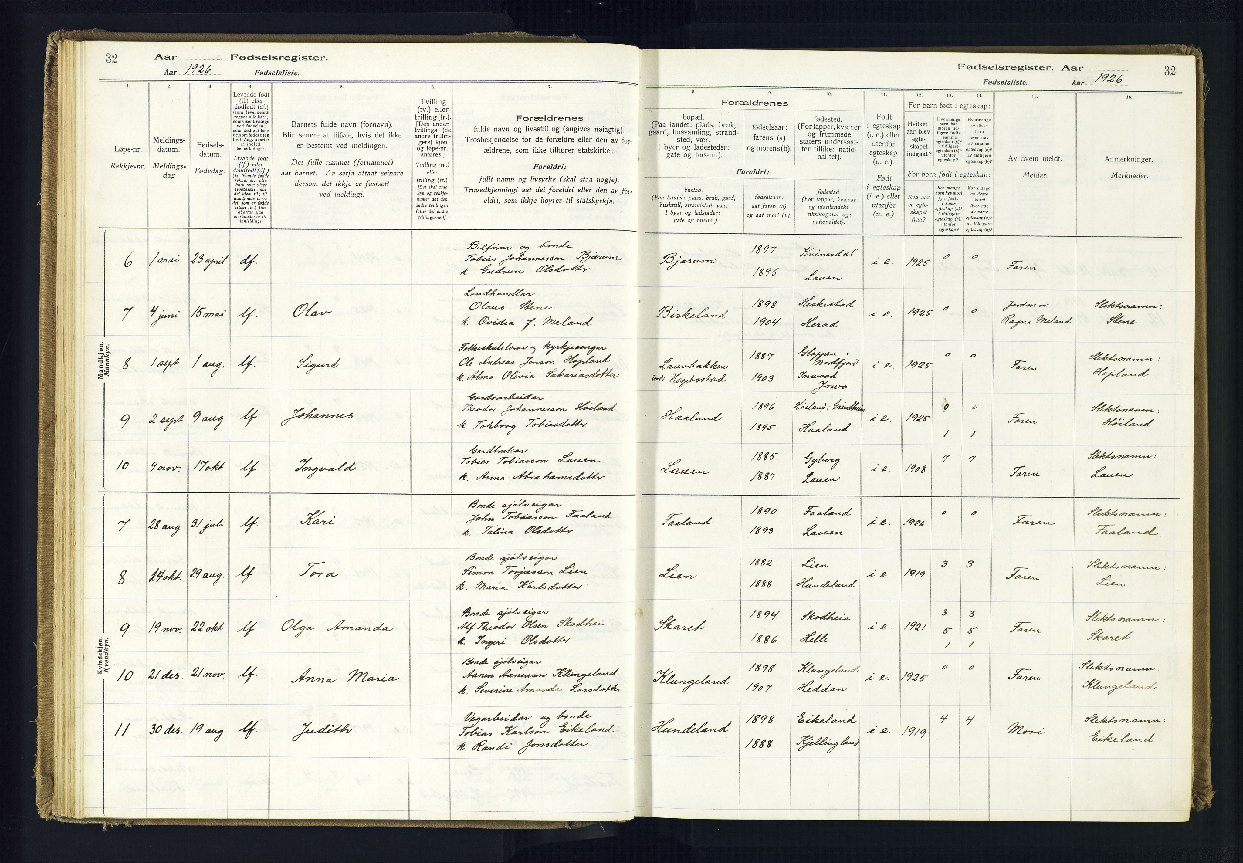 Hægebostad sokneprestkontor, AV/SAK-1111-0024/J/Ja/L0001: Birth register no. II.6.7, 1916-1982, p. 32