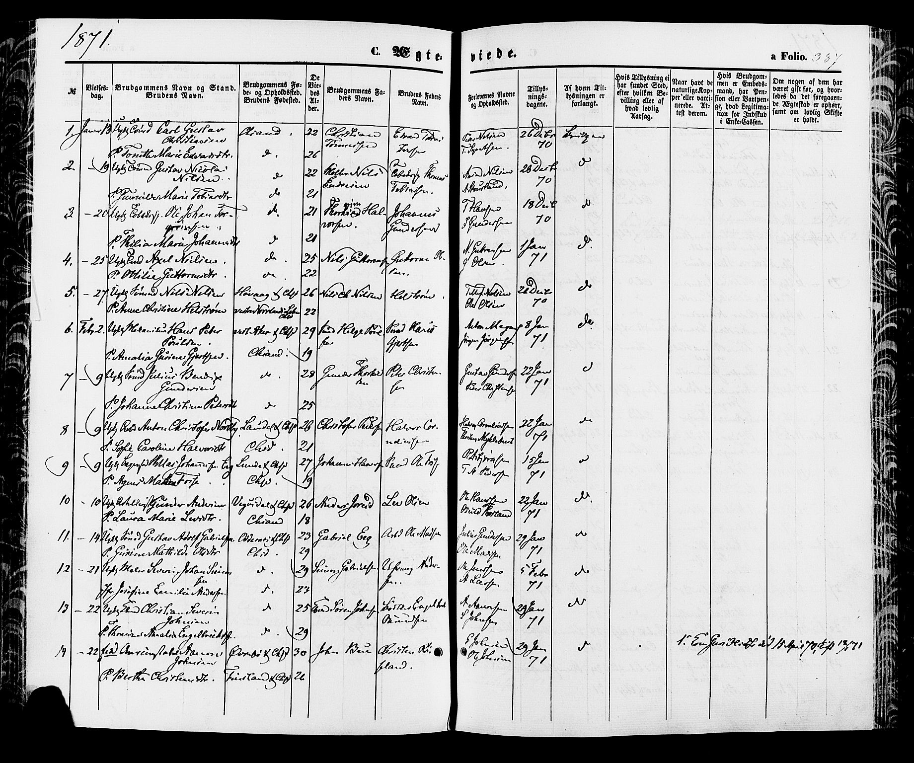 Kristiansand domprosti, SAK/1112-0006/F/Fa/L0015: Parish register (official) no. A 15, 1867-1880, p. 387