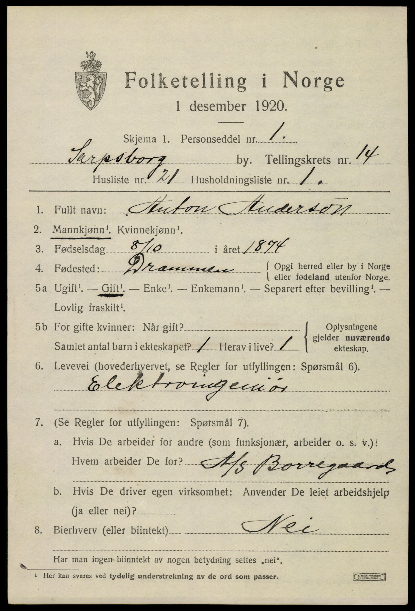 SAO, 1920 census for Sarpsborg, 1920, p. 28748