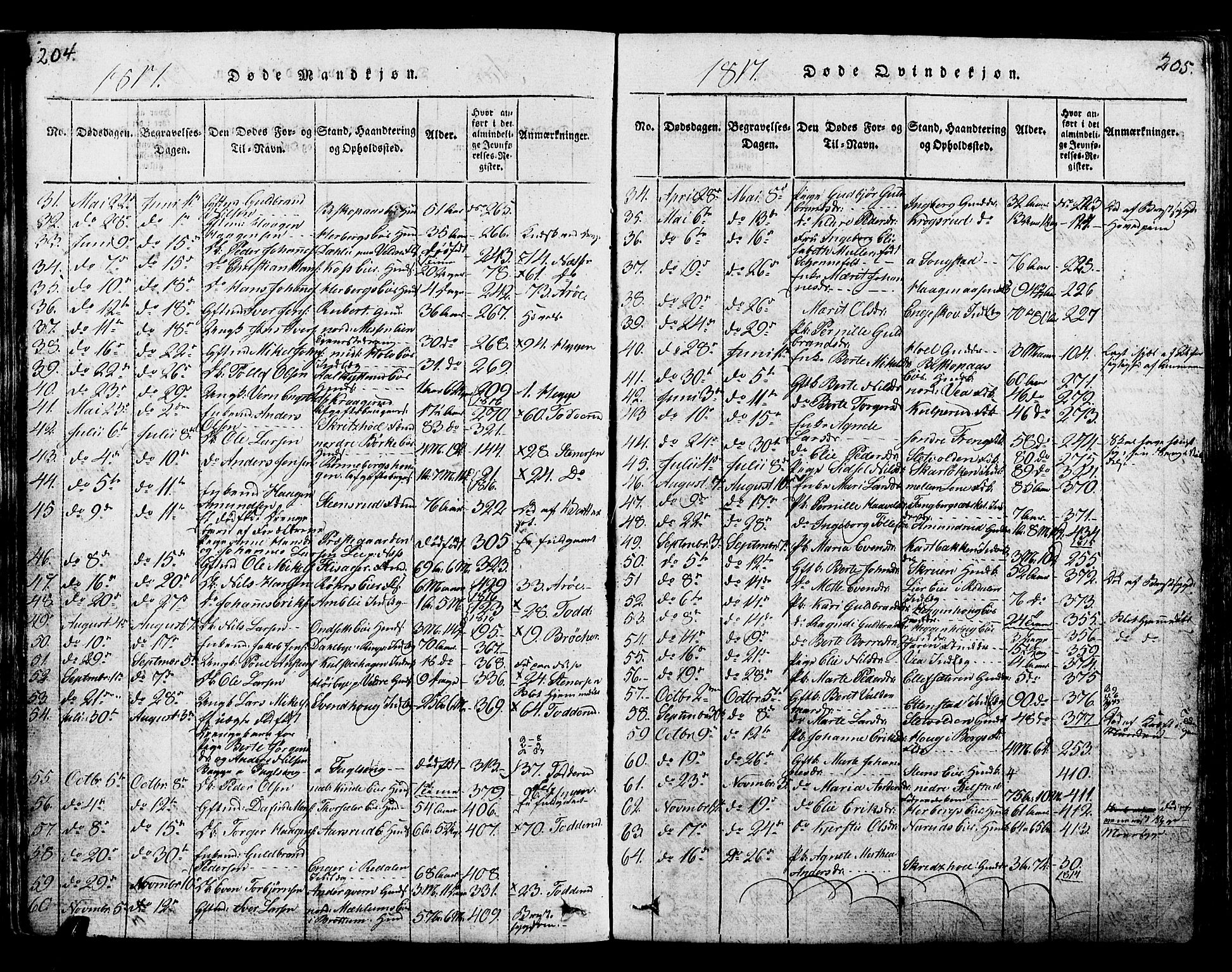 Ringsaker prestekontor, SAH/PREST-014/K/Ka/L0005: Parish register (official) no. 5, 1814-1826, p. 204-205
