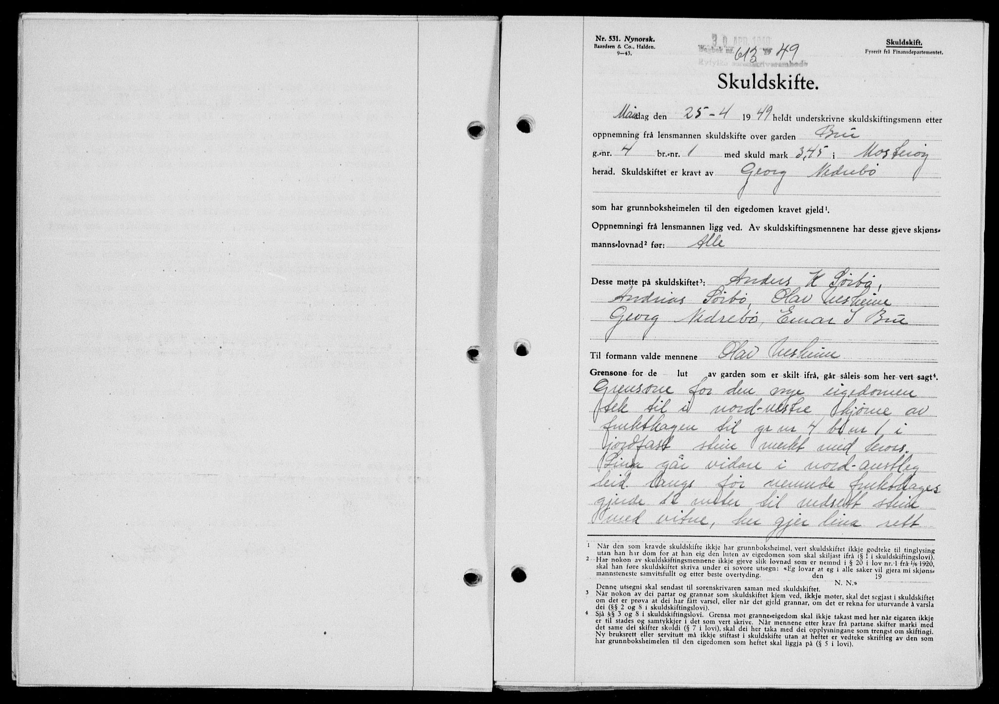 Ryfylke tingrett, AV/SAST-A-100055/001/II/IIB/L0104: Mortgage book no. 83, 1948-1949, Diary no: : 613/1949