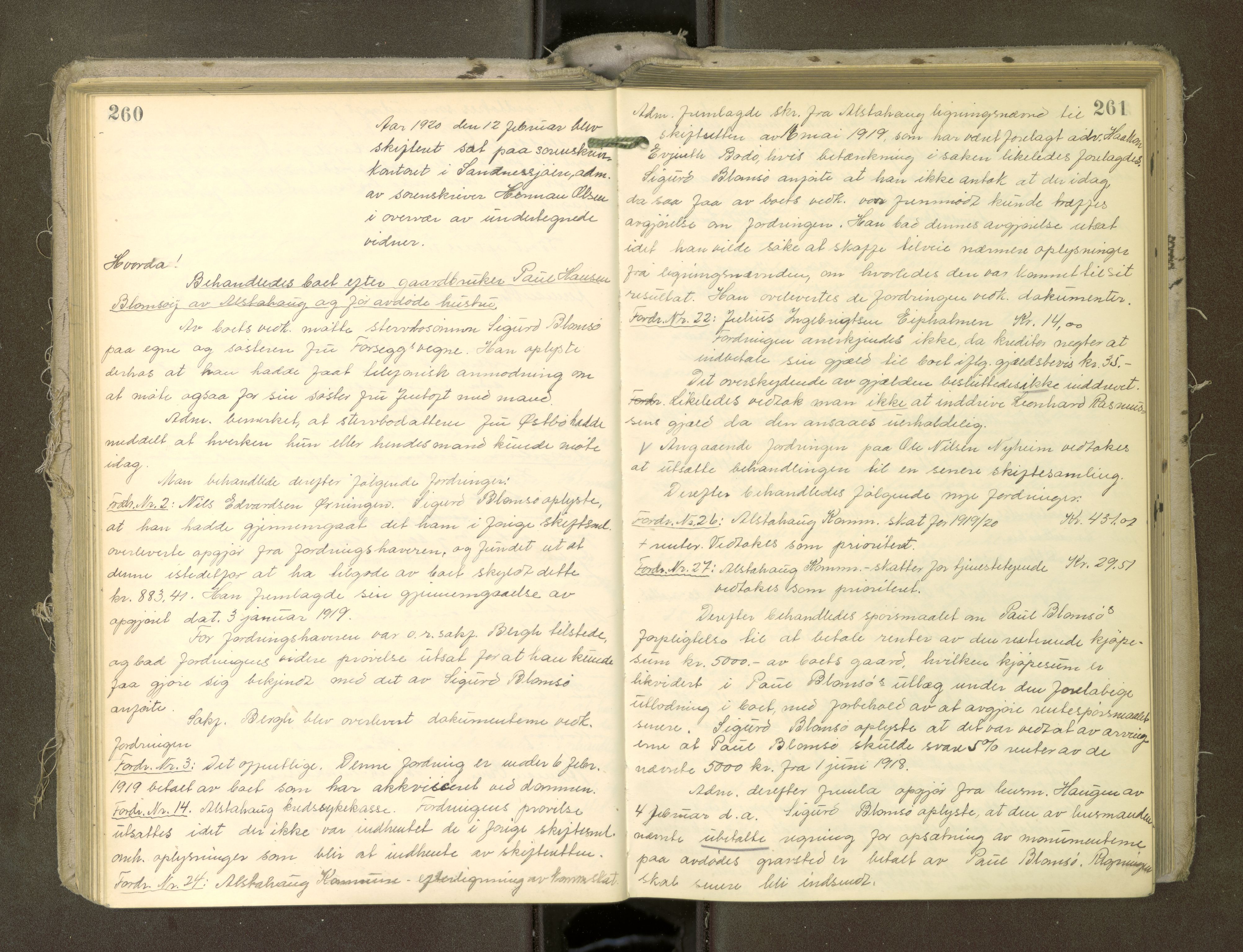 Søndre Helgeland sorenskriveri, AV/SAT-A-4575/1/3/3B/L0012: Skiftebehandlingsprotokoll, 1917-1922, p. 260-261