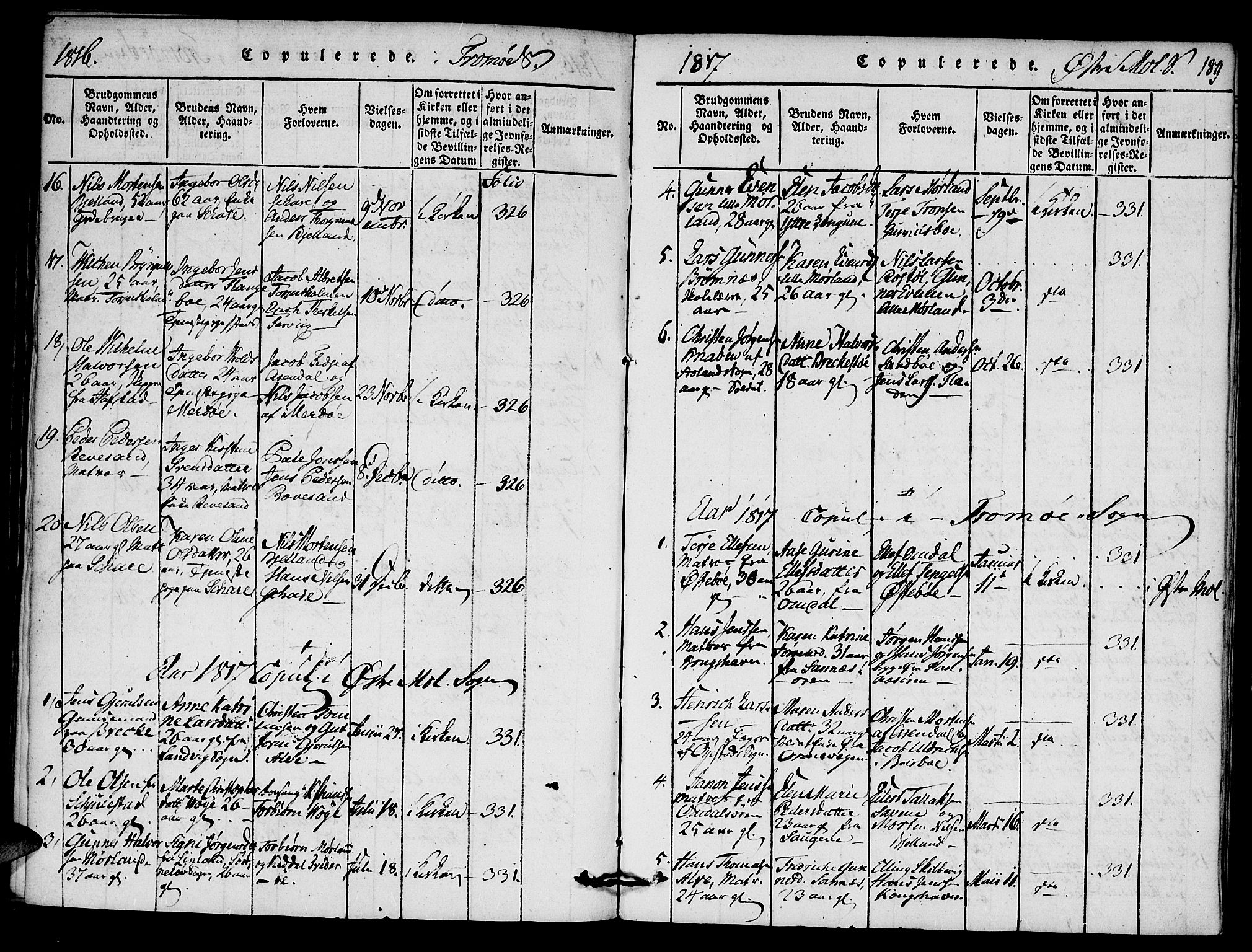 Austre Moland sokneprestkontor, SAK/1111-0001/F/Fa/Faa/L0004: Parish register (official) no. A 4, 1816-1824, p. 189