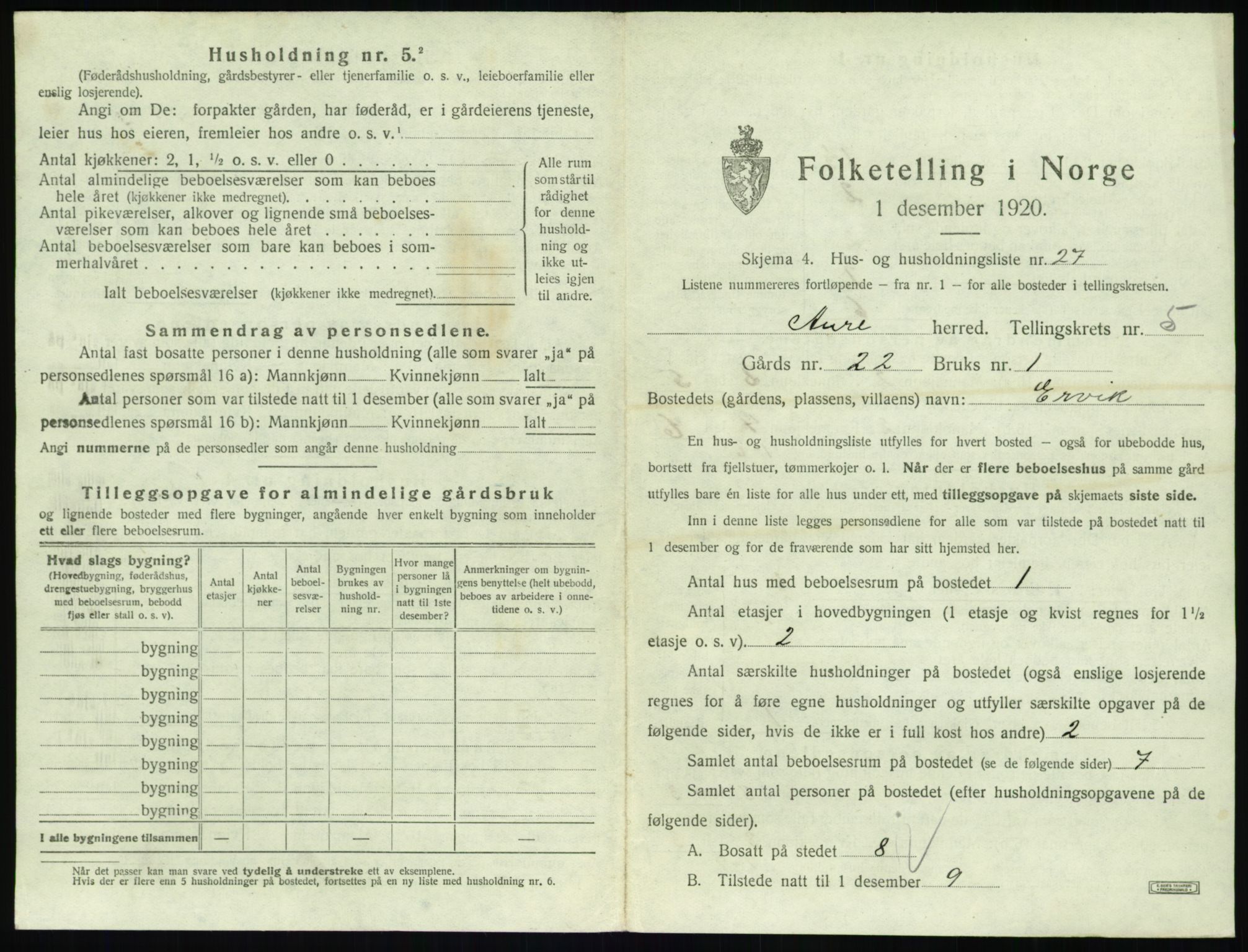 SAT, 1920 census for Aure, 1920, p. 318