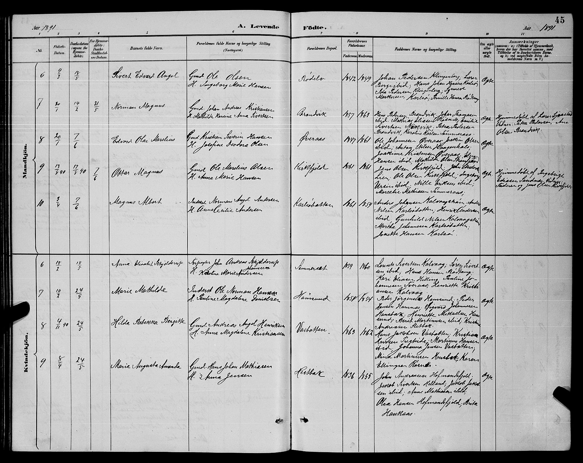 Ministerialprotokoller, klokkerbøker og fødselsregistre - Nordland, SAT/A-1459/859/L0859: Parish register (copy) no. 859C05, 1887-1898, p. 45