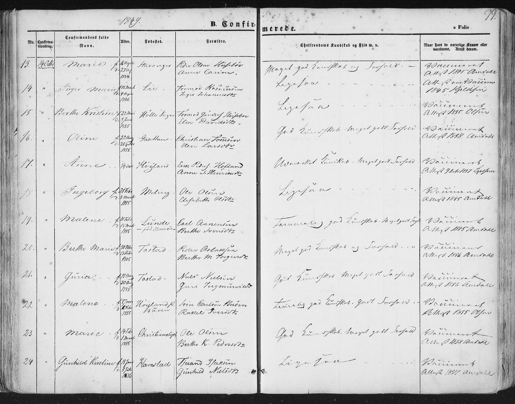 Hetland sokneprestkontor, AV/SAST-A-101826/30/30BA/L0002: Parish register (official) no. A 2, 1849-1869, p. 99