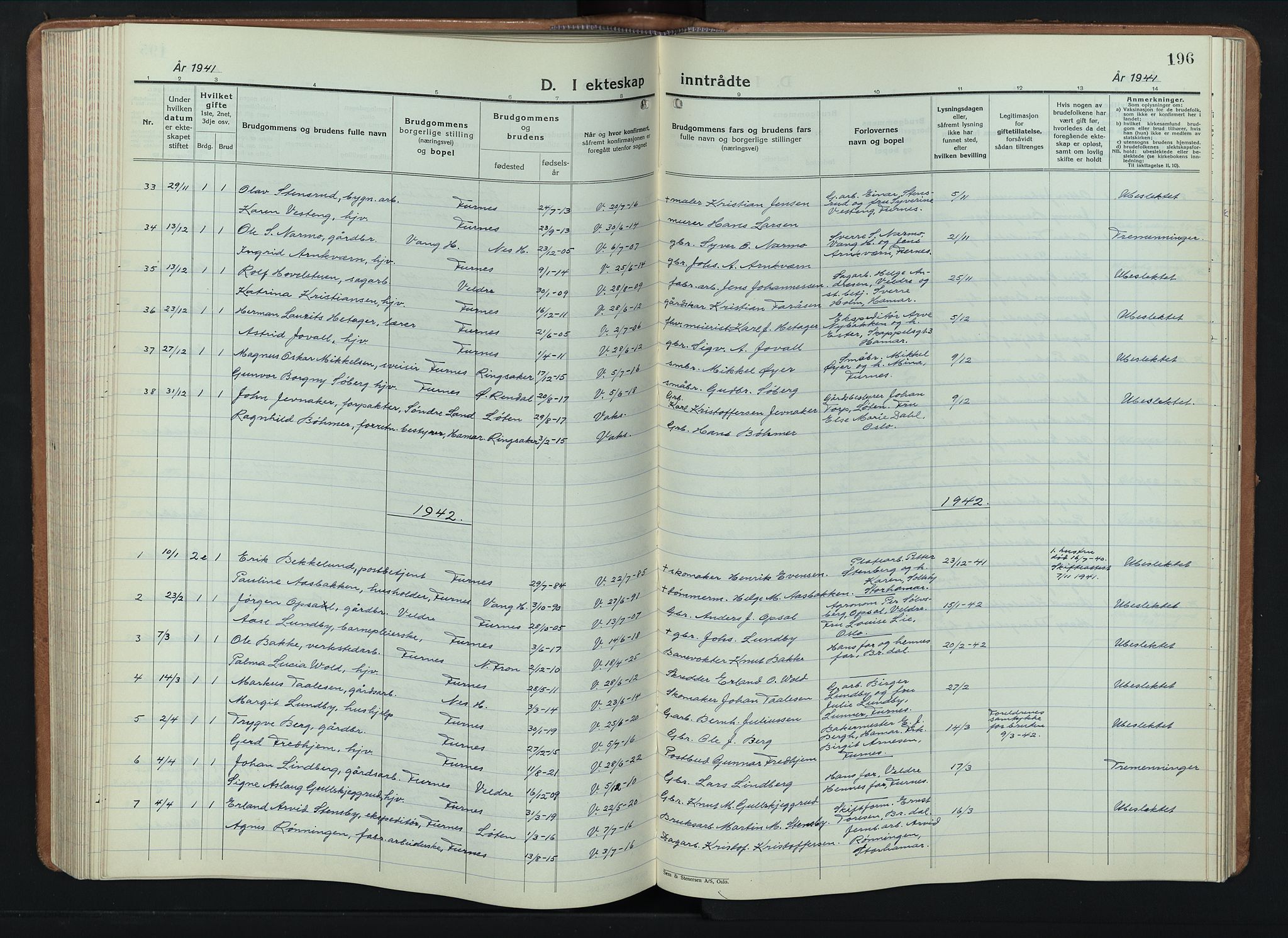 Furnes prestekontor, AV/SAH-PREST-012/L/La/L0002: Parish register (copy) no. 2, 1934-1956, p. 196