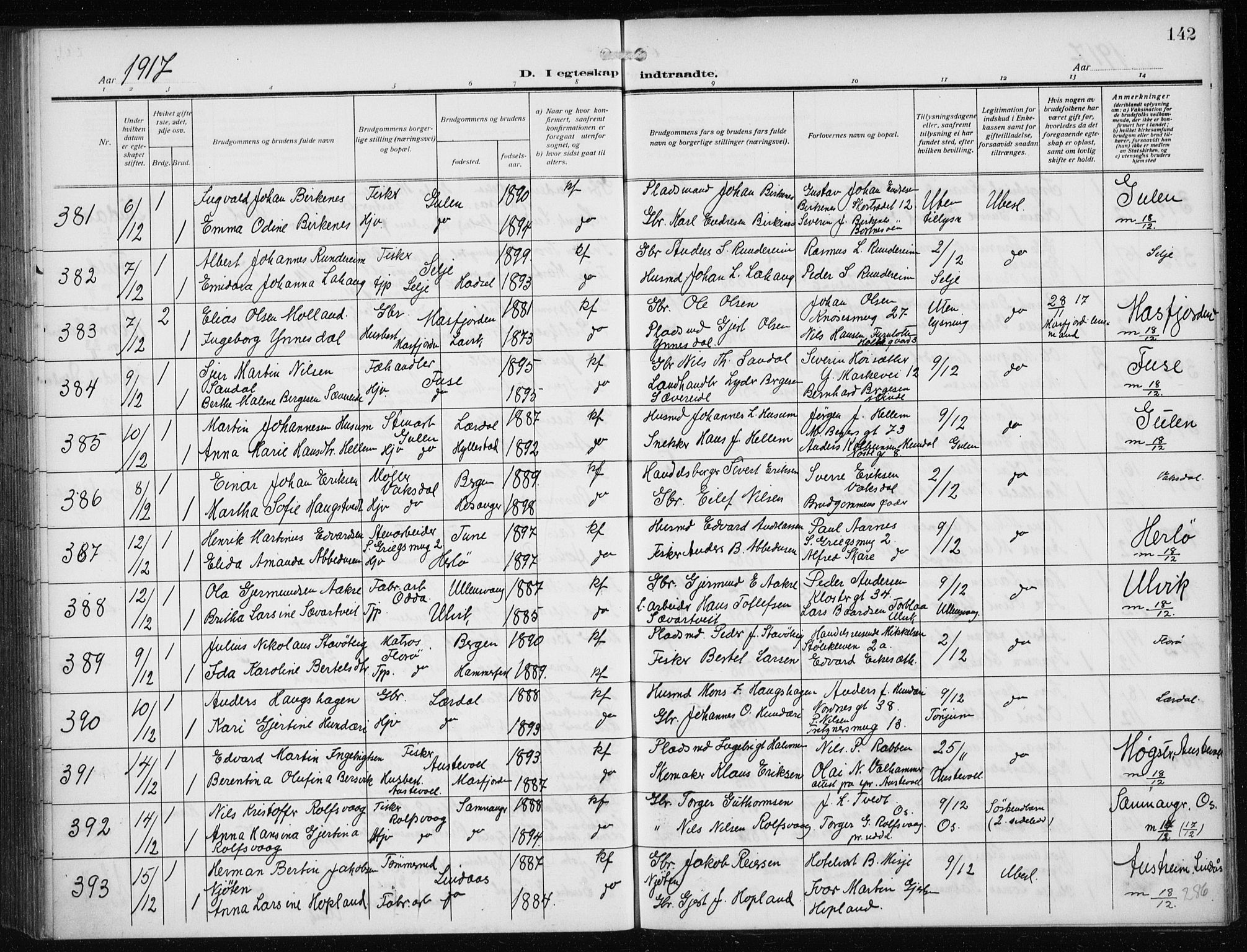 Nykirken Sokneprestembete, AV/SAB-A-77101/H/Haa/L0036: Parish register (official) no. D 6, 1913-1918, p. 142