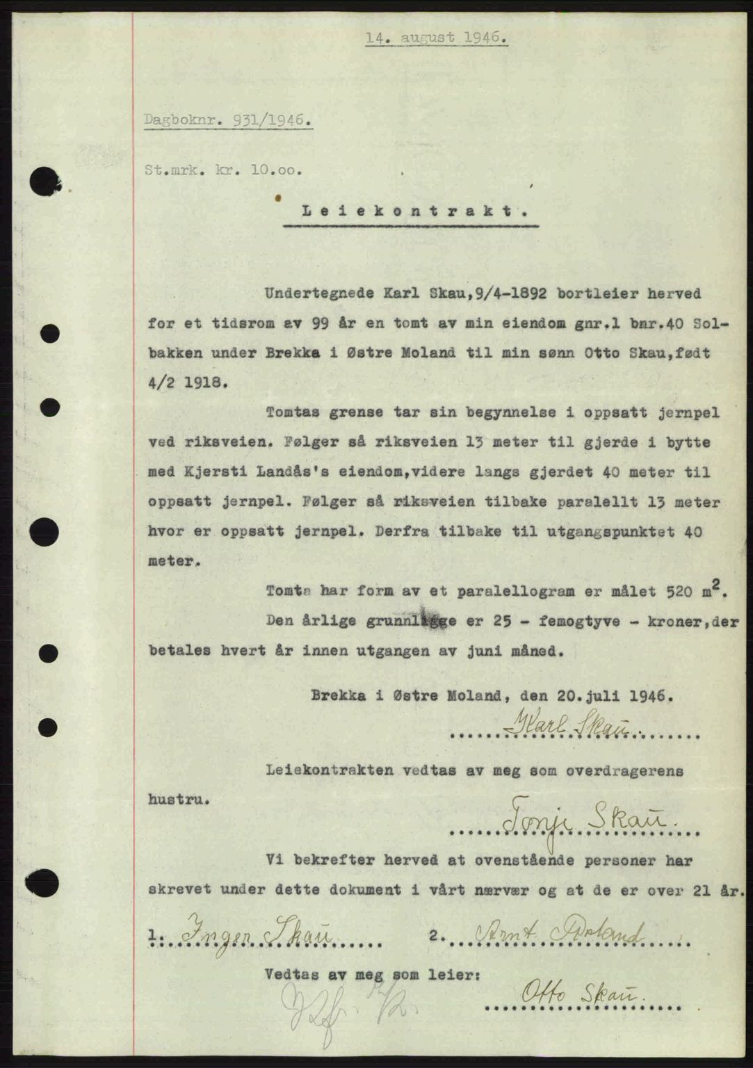 Nedenes sorenskriveri, AV/SAK-1221-0006/G/Gb/Gba/L0055: Mortgage book no. A7, 1946-1946, Diary no: : 931/1946