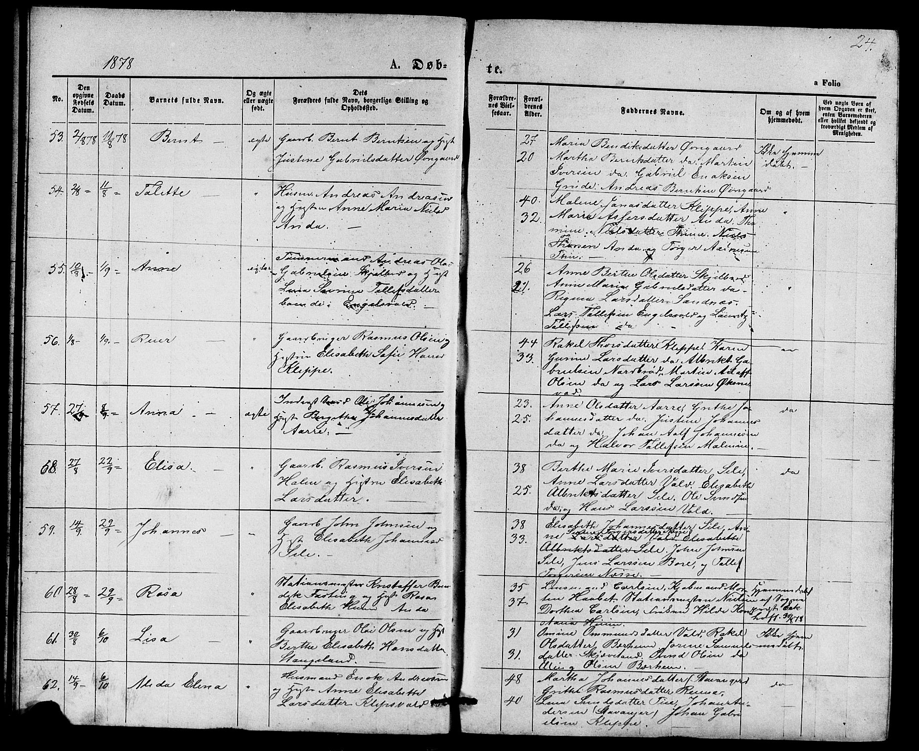 Klepp sokneprestkontor, AV/SAST-A-101803/001/3/30BB/L0003: Parish register (copy) no. B 3, 1876-1888, p. 24