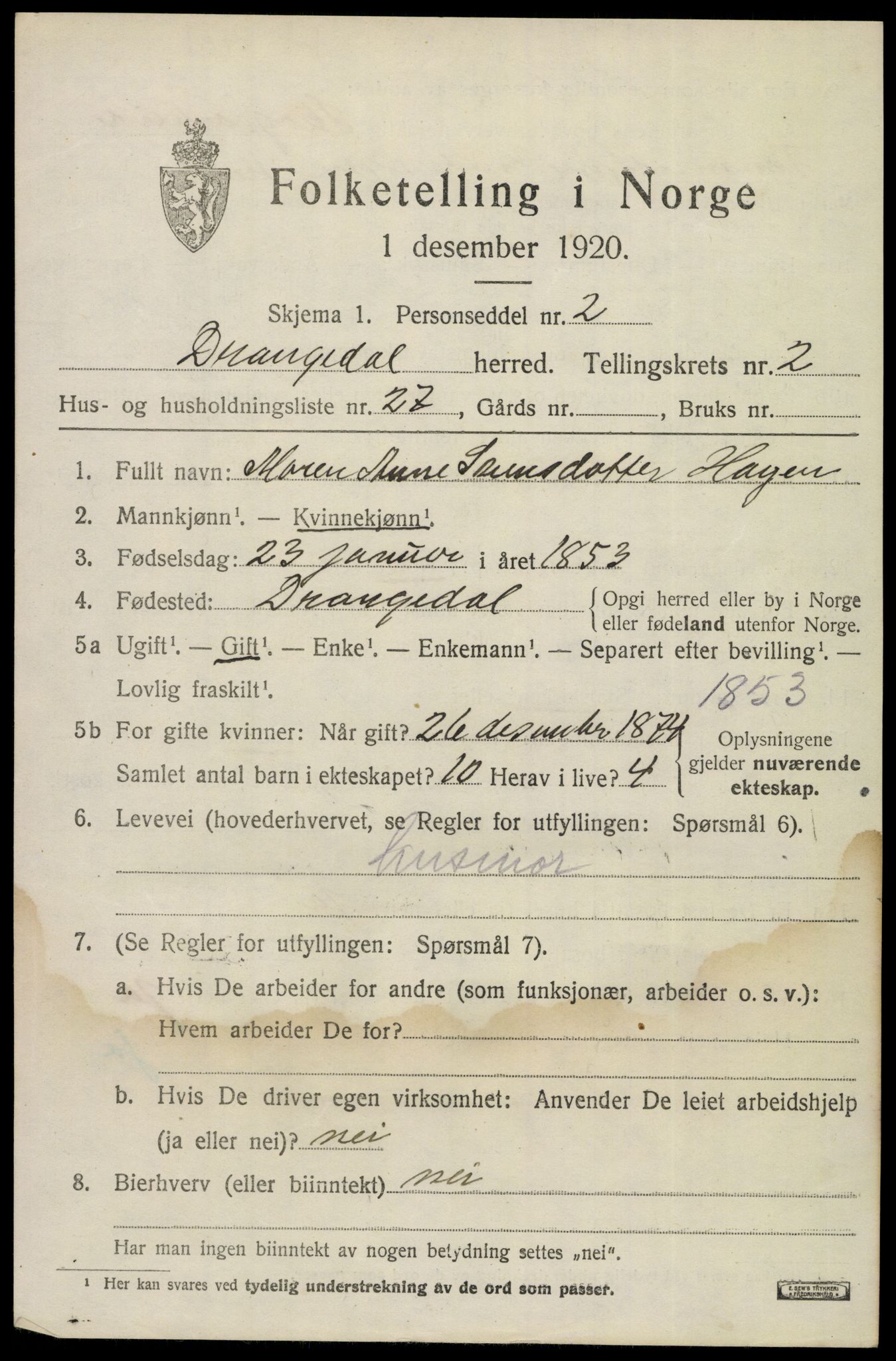 SAKO, 1920 census for Drangedal, 1920, p. 2567