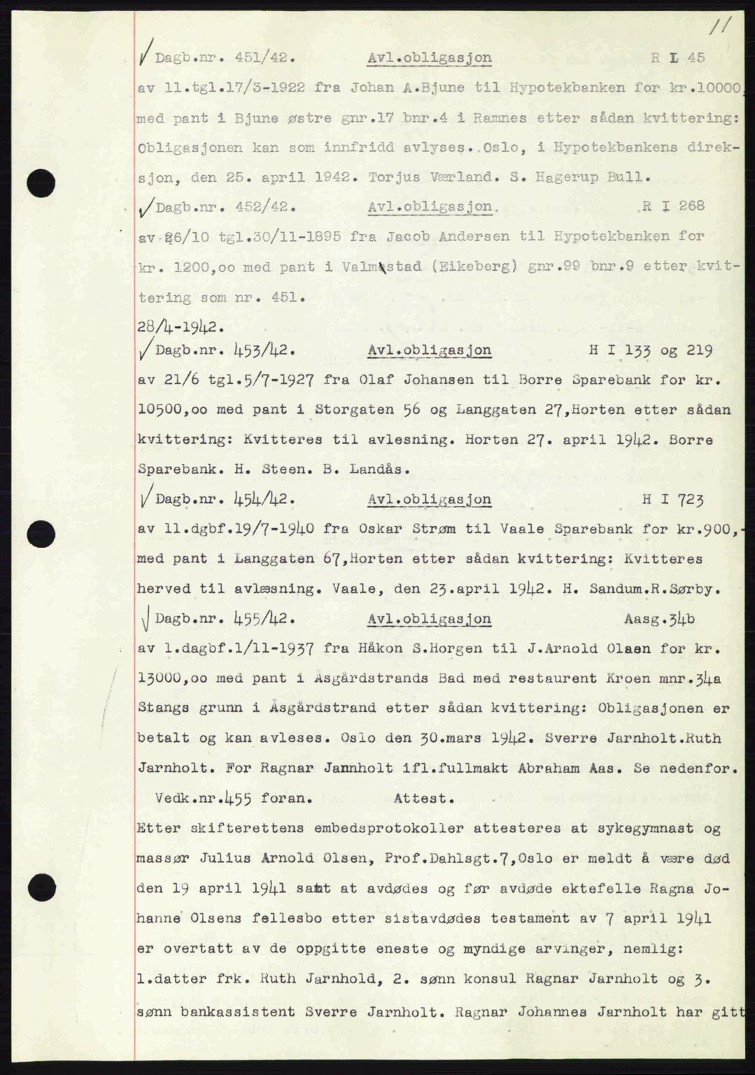 Horten sorenskriveri, SAKO/A-133/G/Ga/Gab/L0003: Mortgage book no. B-5 - B-6, 1941-1943, Diary no: : 451/1942