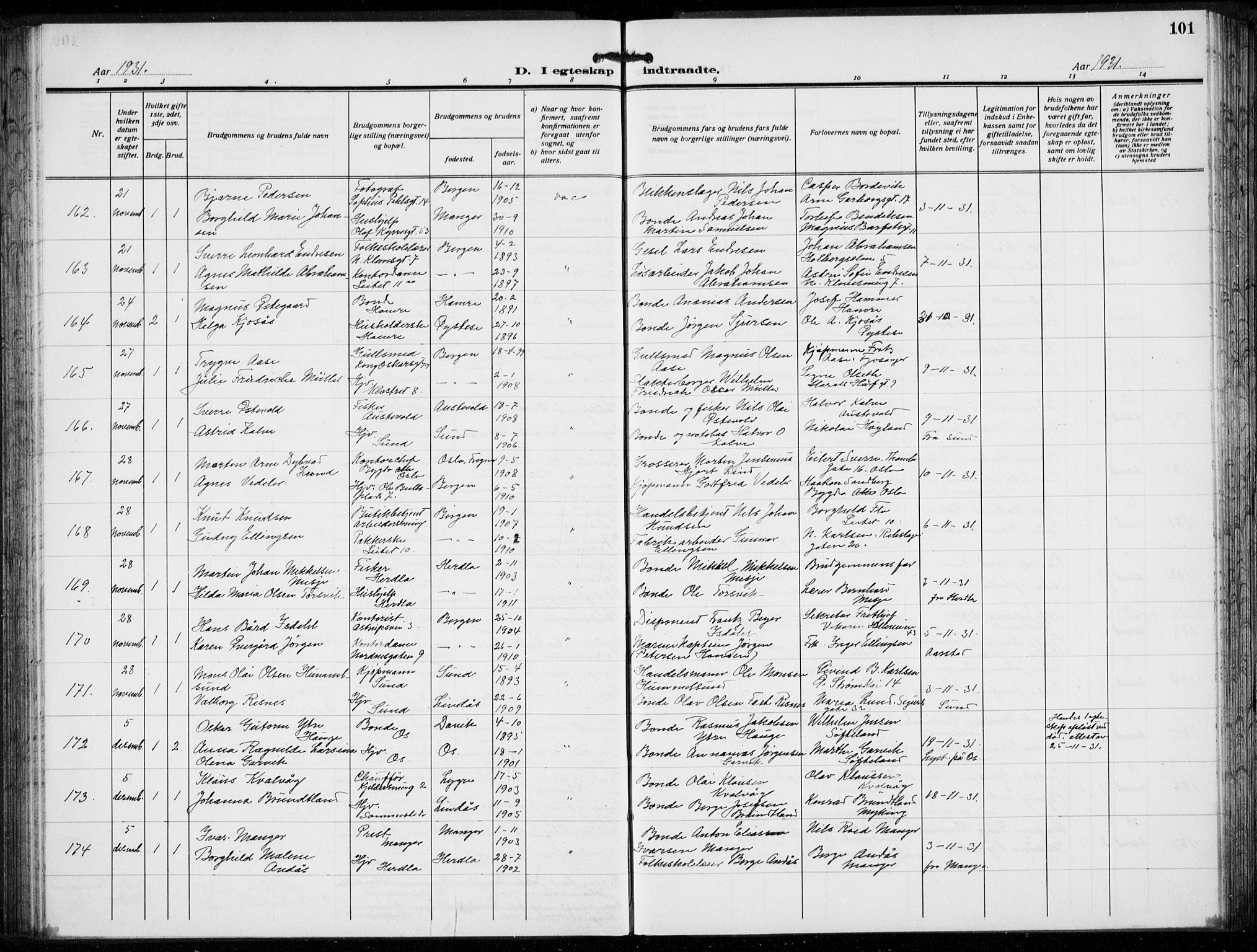 Domkirken sokneprestembete, AV/SAB-A-74801/H/Hab/L0034: Parish register (copy) no. D 6, 1924-1941, p. 101