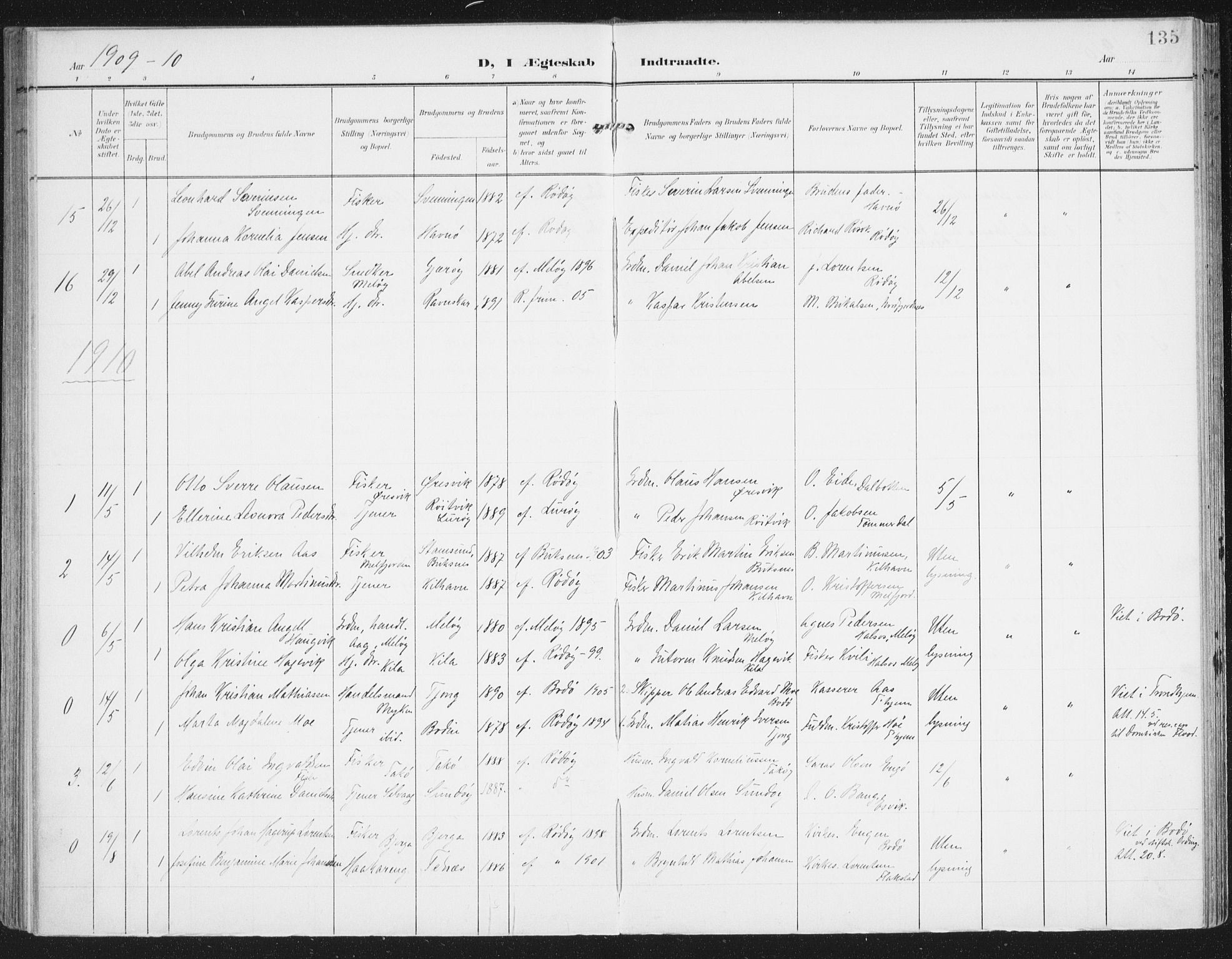 Ministerialprotokoller, klokkerbøker og fødselsregistre - Nordland, AV/SAT-A-1459/841/L0612: Parish register (official) no. 841A15, 1902-1910, p. 135