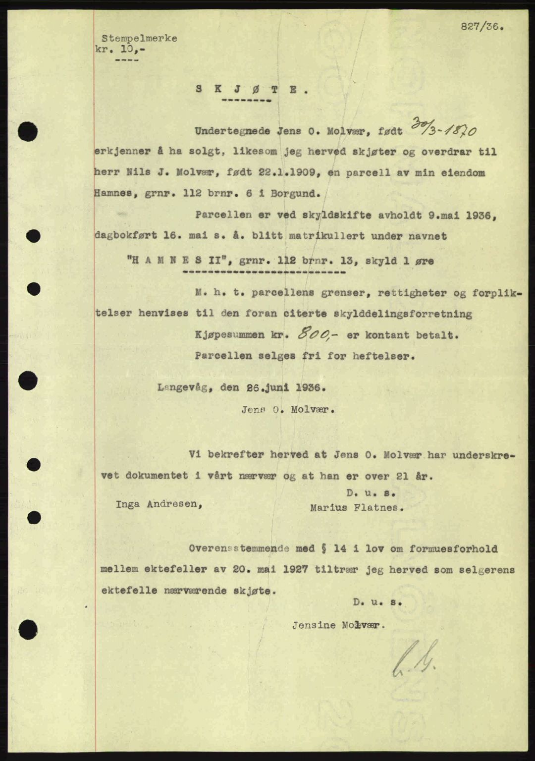 Nordre Sunnmøre sorenskriveri, AV/SAT-A-0006/1/2/2C/2Ca: Mortgage book no. A1, 1936-1936, Diary no: : 827/1936