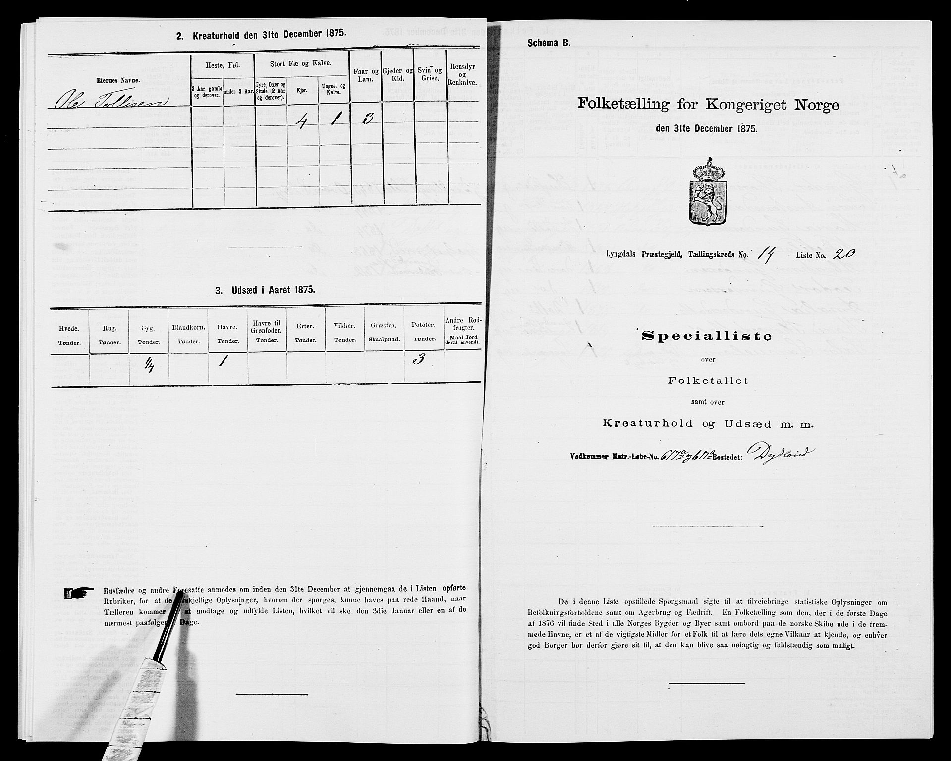 SAK, 1875 census for 1032P Lyngdal, 1875, p. 2054