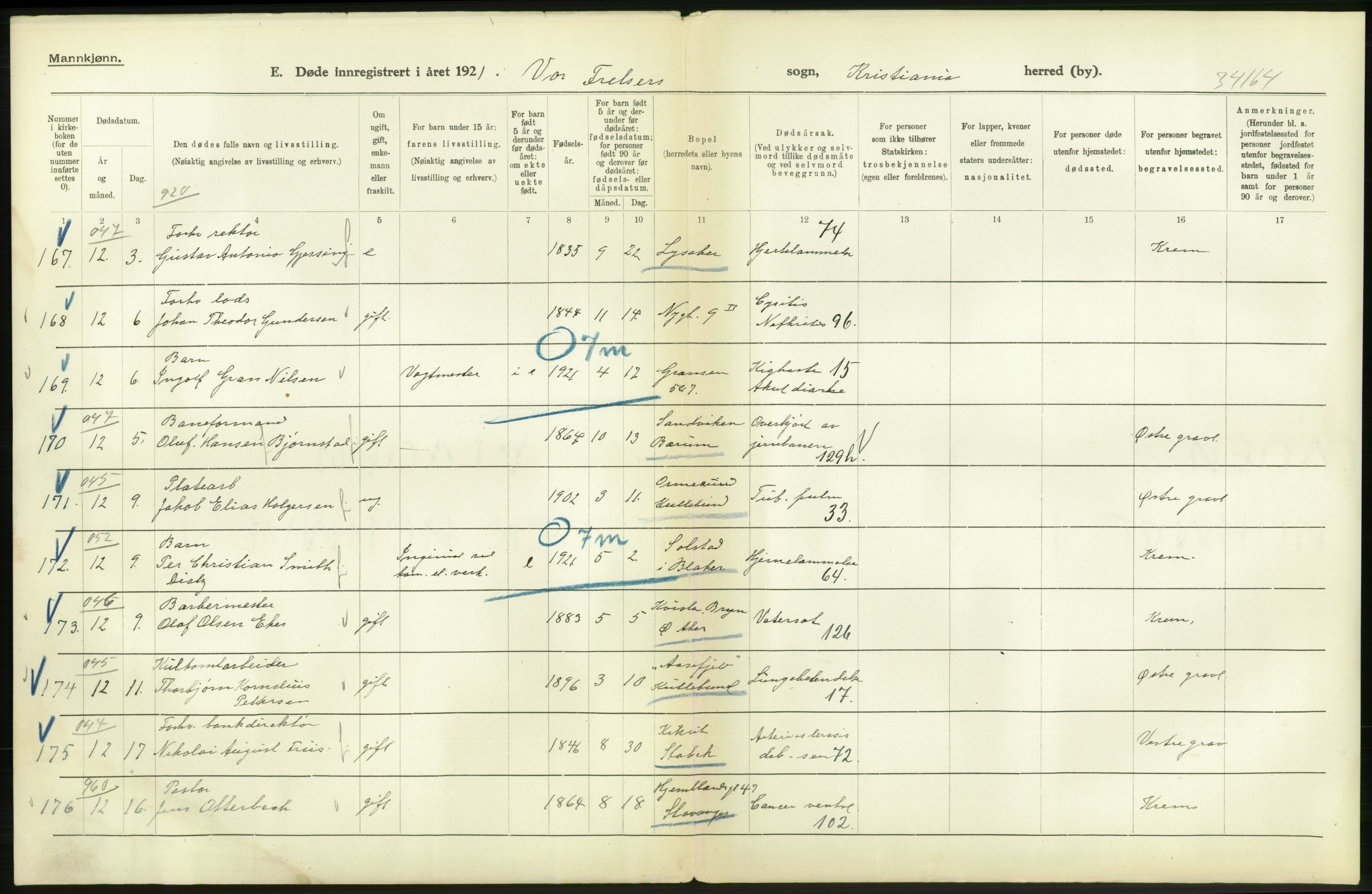 Statistisk sentralbyrå, Sosiodemografiske emner, Befolkning, AV/RA-S-2228/D/Df/Dfc/Dfca/L0012: Kristiania: Døde, 1921, p. 582