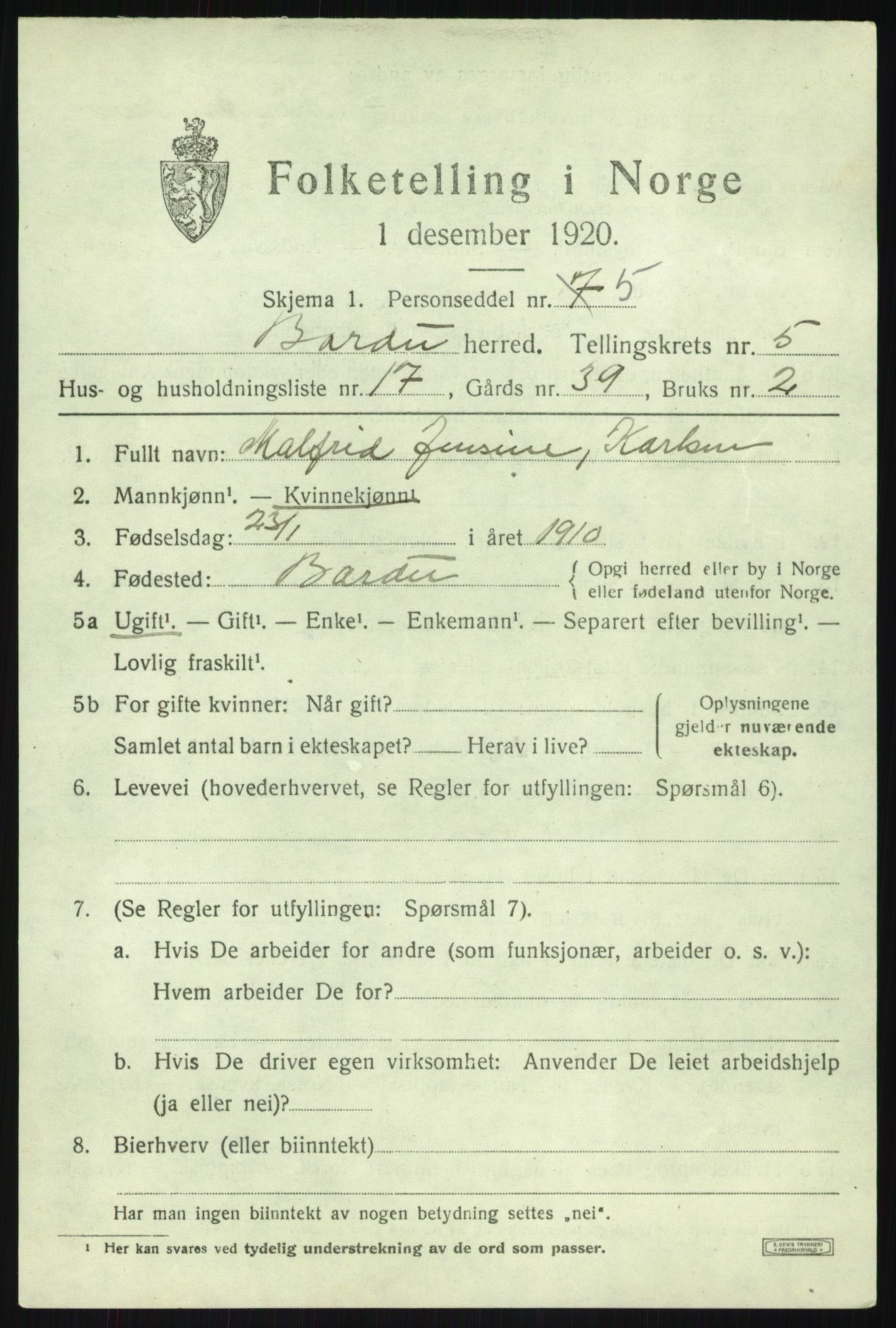 SATØ, 1920 census for Bardu, 1920, p. 2363