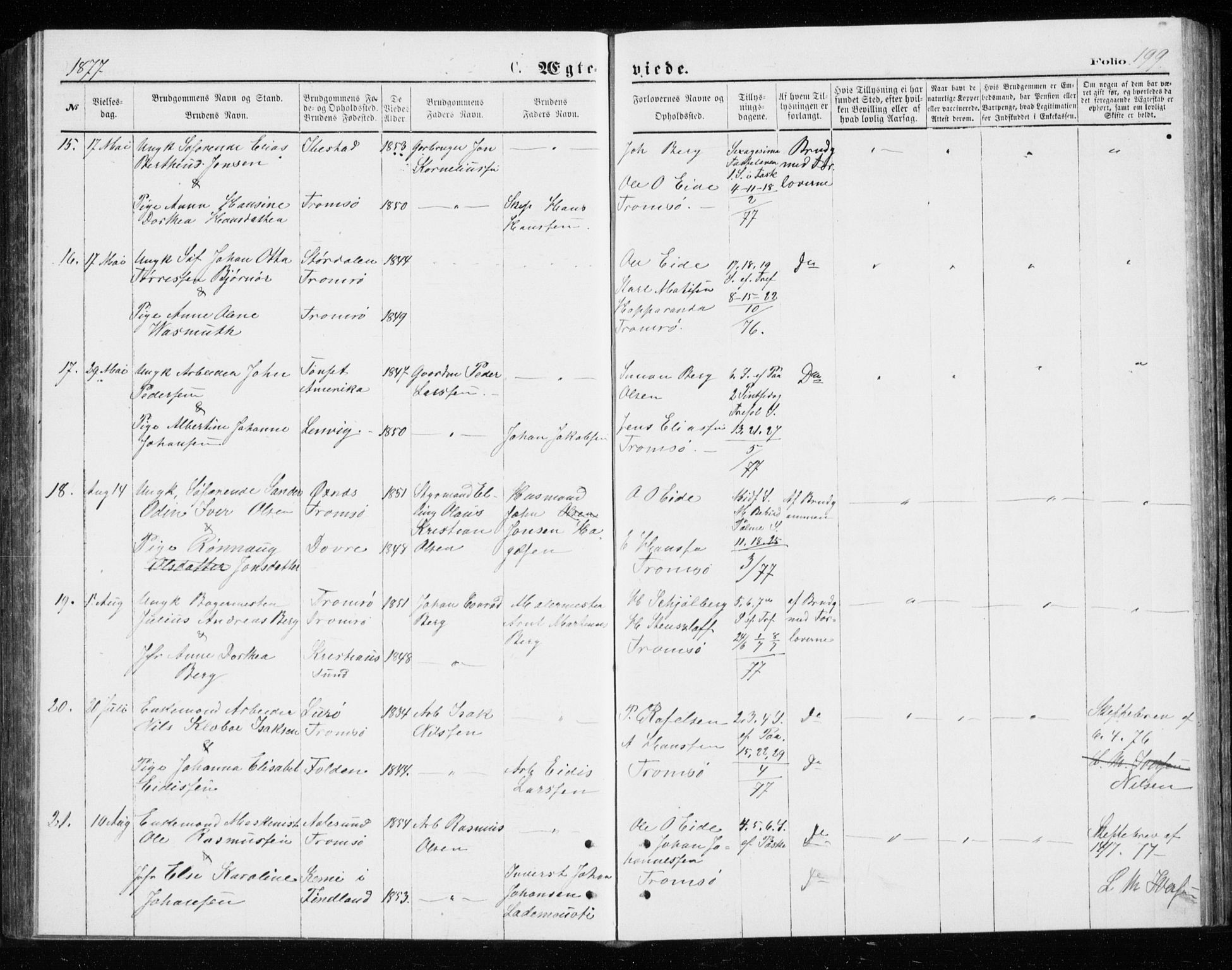 Tromsø sokneprestkontor/stiftsprosti/domprosti, AV/SATØ-S-1343/G/Gb/L0008klokker: Parish register (copy) no. 8, 1875-1879, p. 199