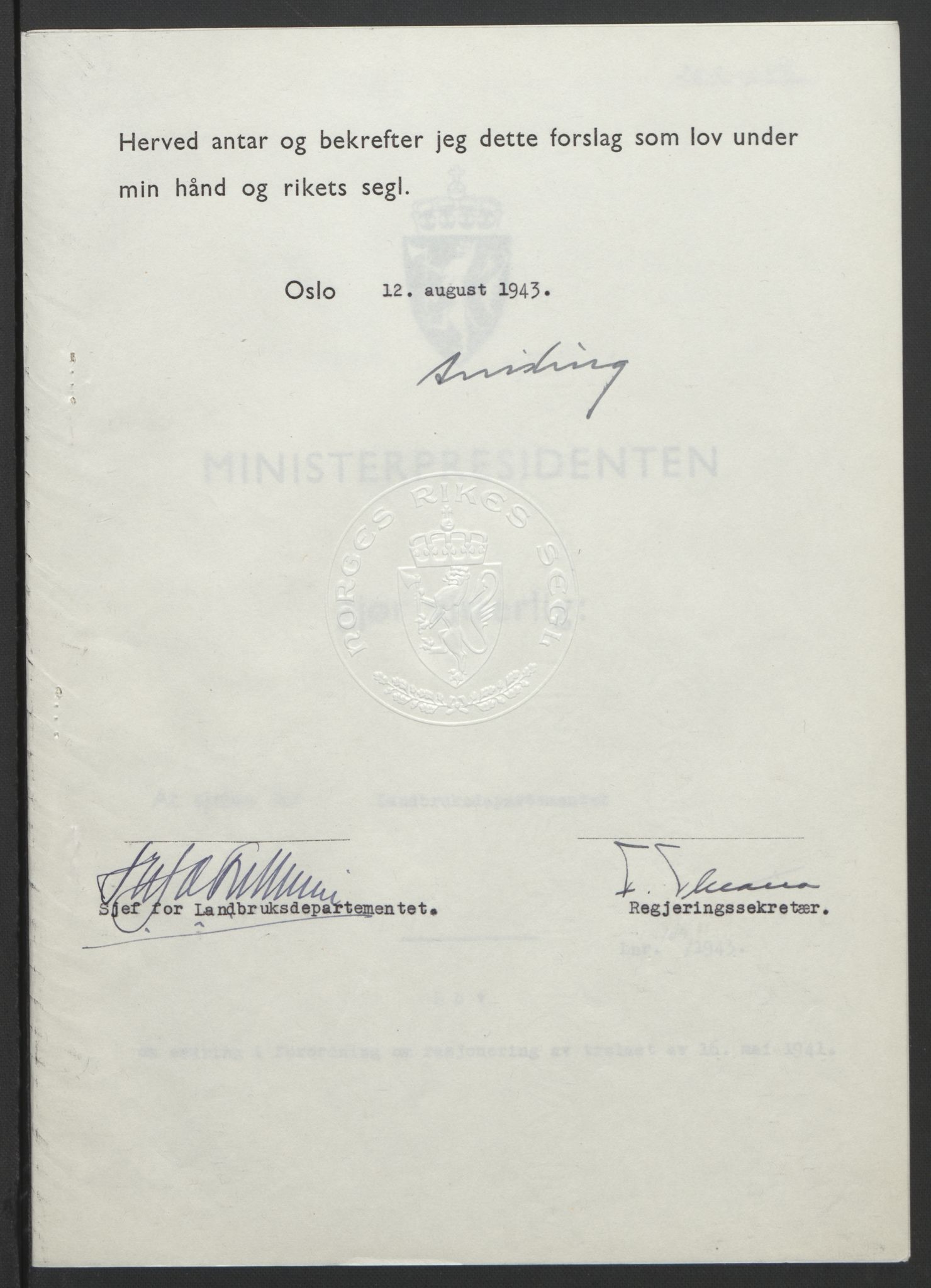 NS-administrasjonen 1940-1945 (Statsrådsekretariatet, de kommisariske statsråder mm), RA/S-4279/D/Db/L0099: Lover, 1943, p. 512