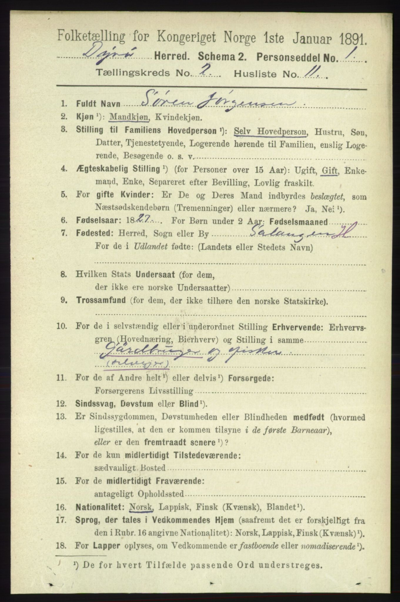 RA, 1891 census for 1926 Dyrøy, 1891, p. 602