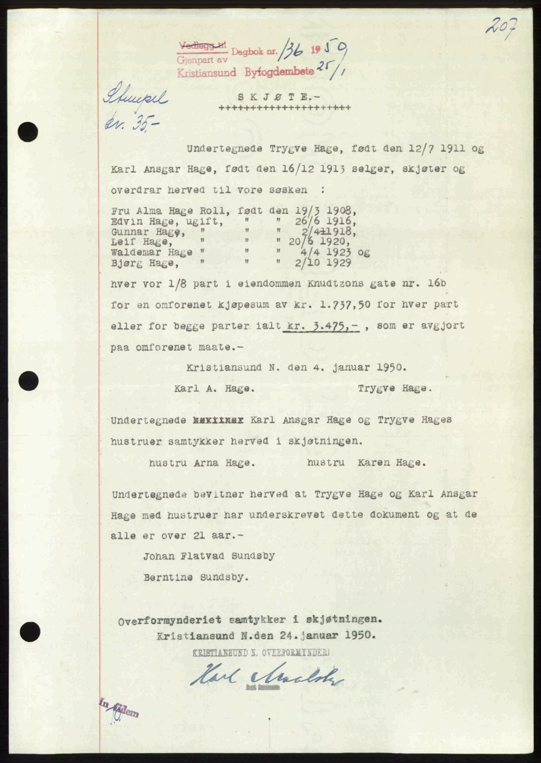 Kristiansund byfogd, AV/SAT-A-4587/A/27: Mortgage book no. 46, 1949-1950, Diary no: : 136/1950