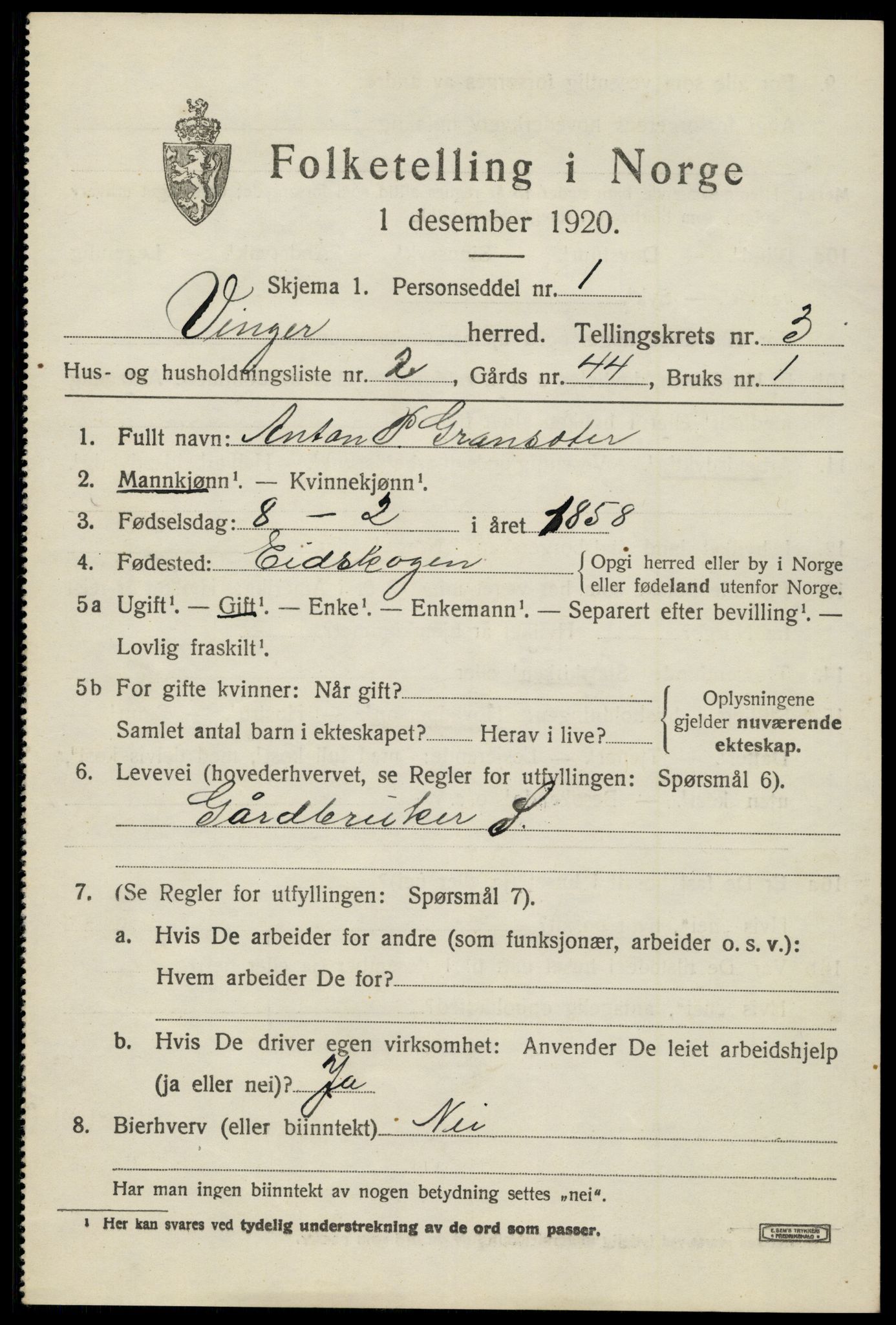 SAH, 1920 census for Vinger, 1920, p. 4566