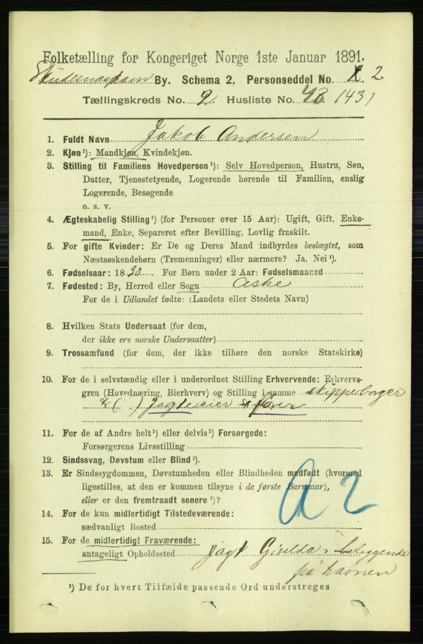 RA, 1891 census for 1104 Skudeneshavn, 1891, p. 827