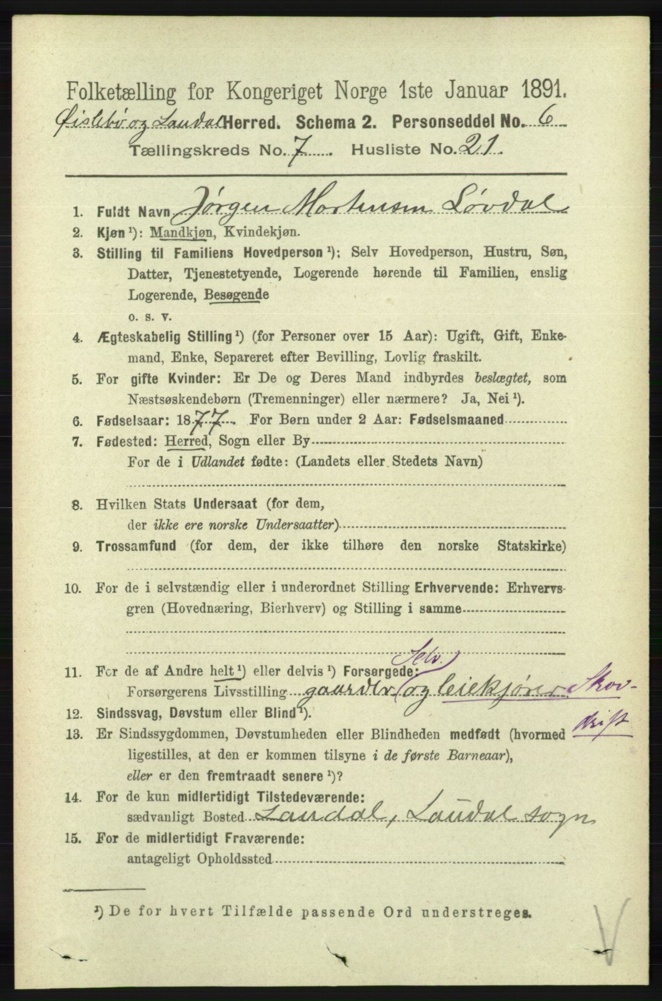 RA, 1891 census for 1021 Øyslebø og Laudal, 1891, p. 2046