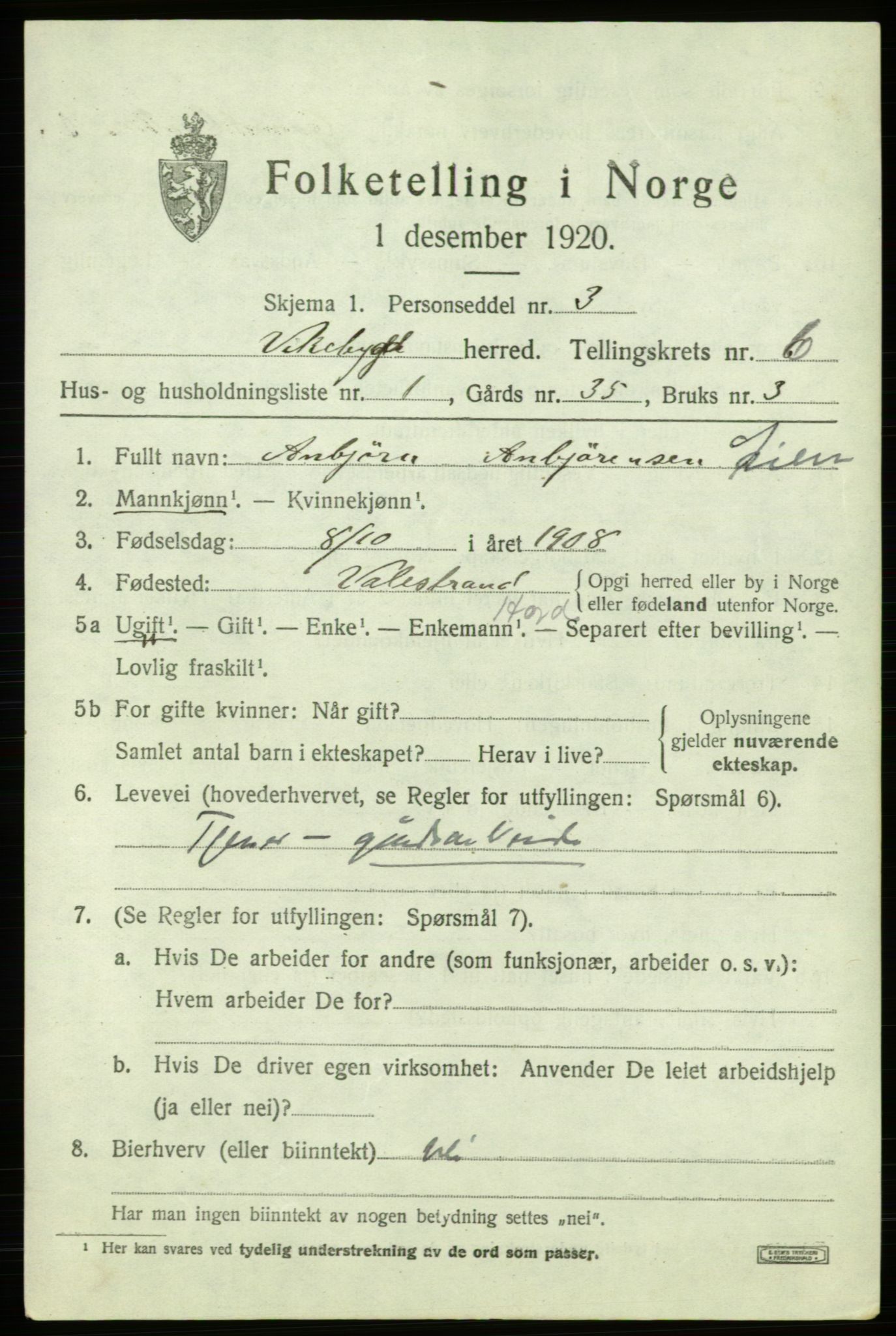 SAB, 1920 census for Vikebygd, 1920, p. 2181