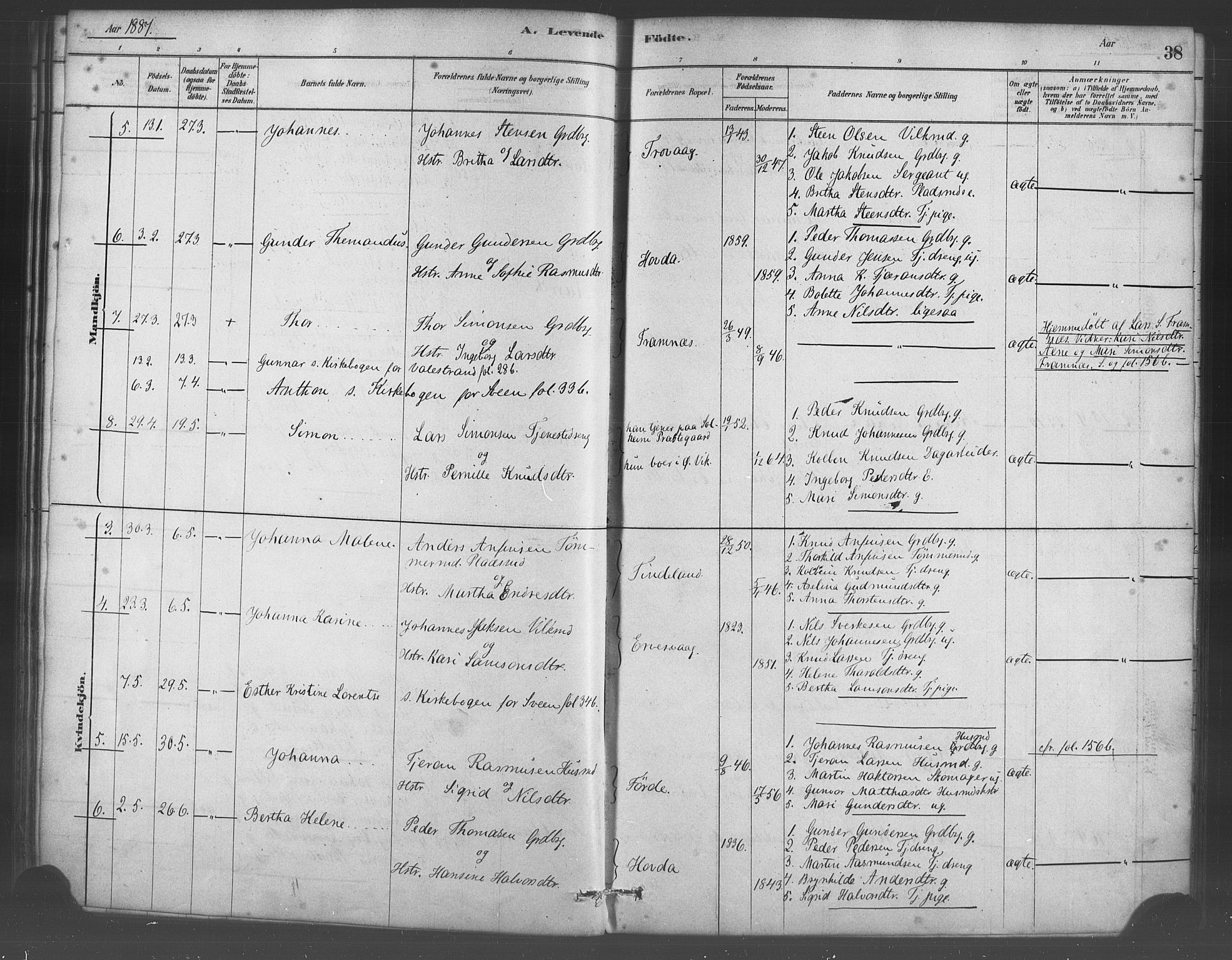 Sveio Sokneprestembete, SAB/A-78501/H/Haa: Parish register (official) no. D 1, 1878-1894, p. 38