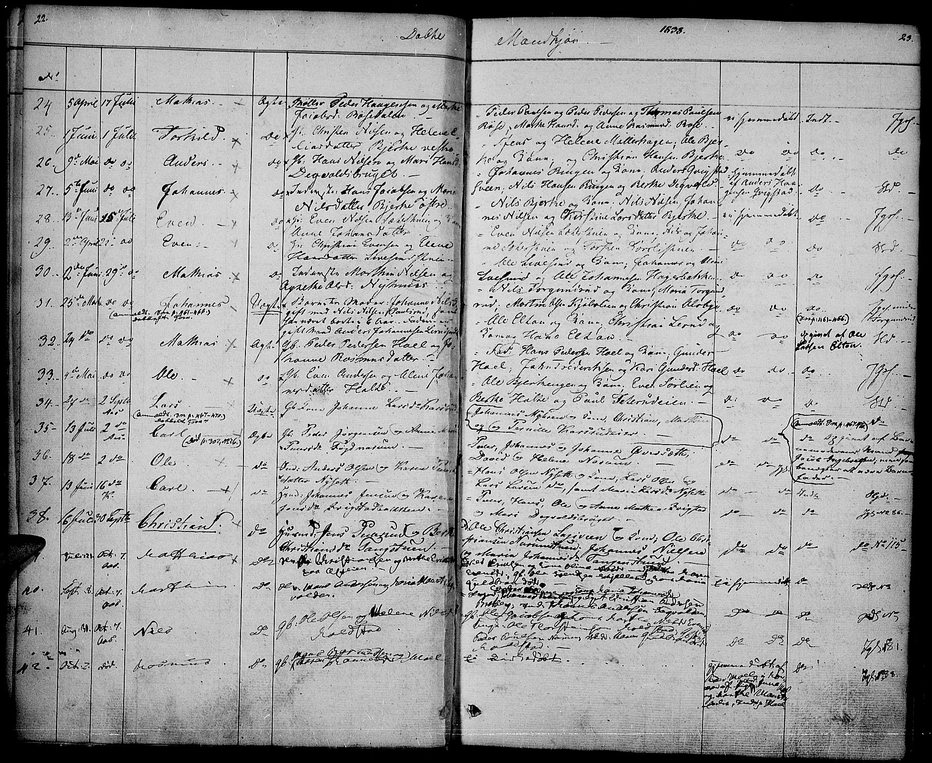 Vestre Toten prestekontor, AV/SAH-PREST-108/H/Ha/Haa/L0003: Parish register (official) no. 3, 1836-1843, p. 22-23