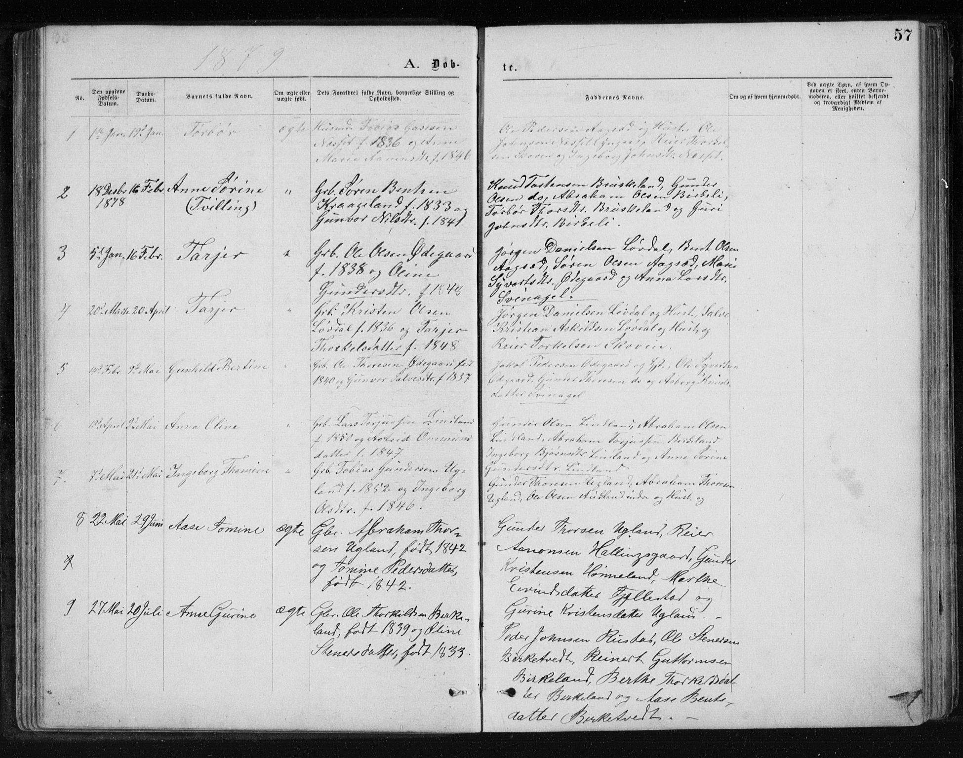 Holum sokneprestkontor, SAK/1111-0022/F/Fb/Fbb/L0003: Parish register (copy) no. B 3, 1875-1898, p. 57