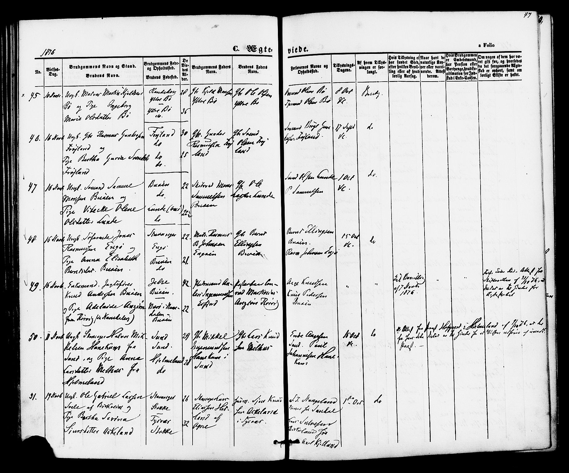 Hetland sokneprestkontor, SAST/A-101826/30/30BA/L0005: Parish register (official) no. A 5, 1869-1884, p. 47