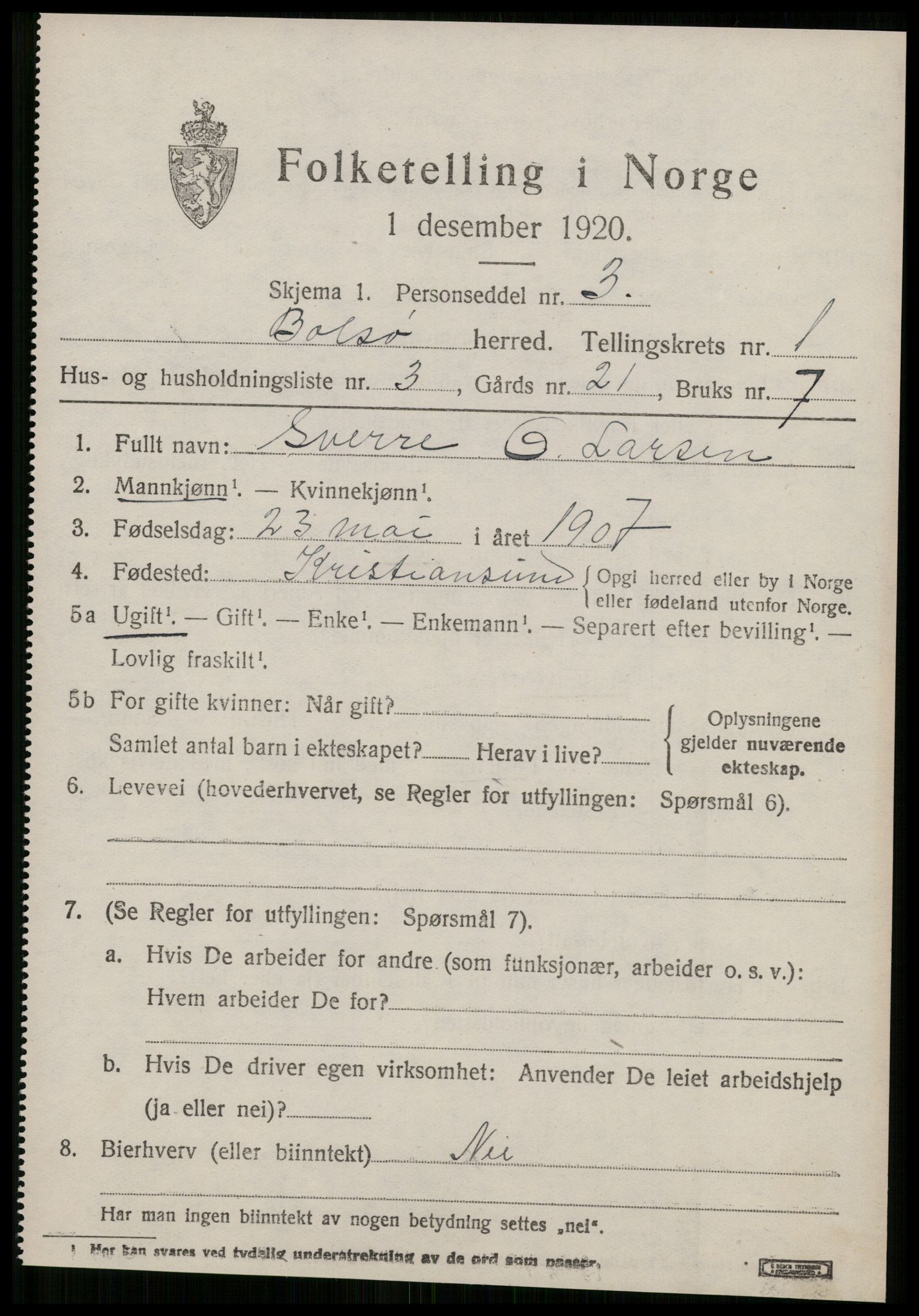 SAT, 1920 census for Bolsøy, 1920, p. 1631