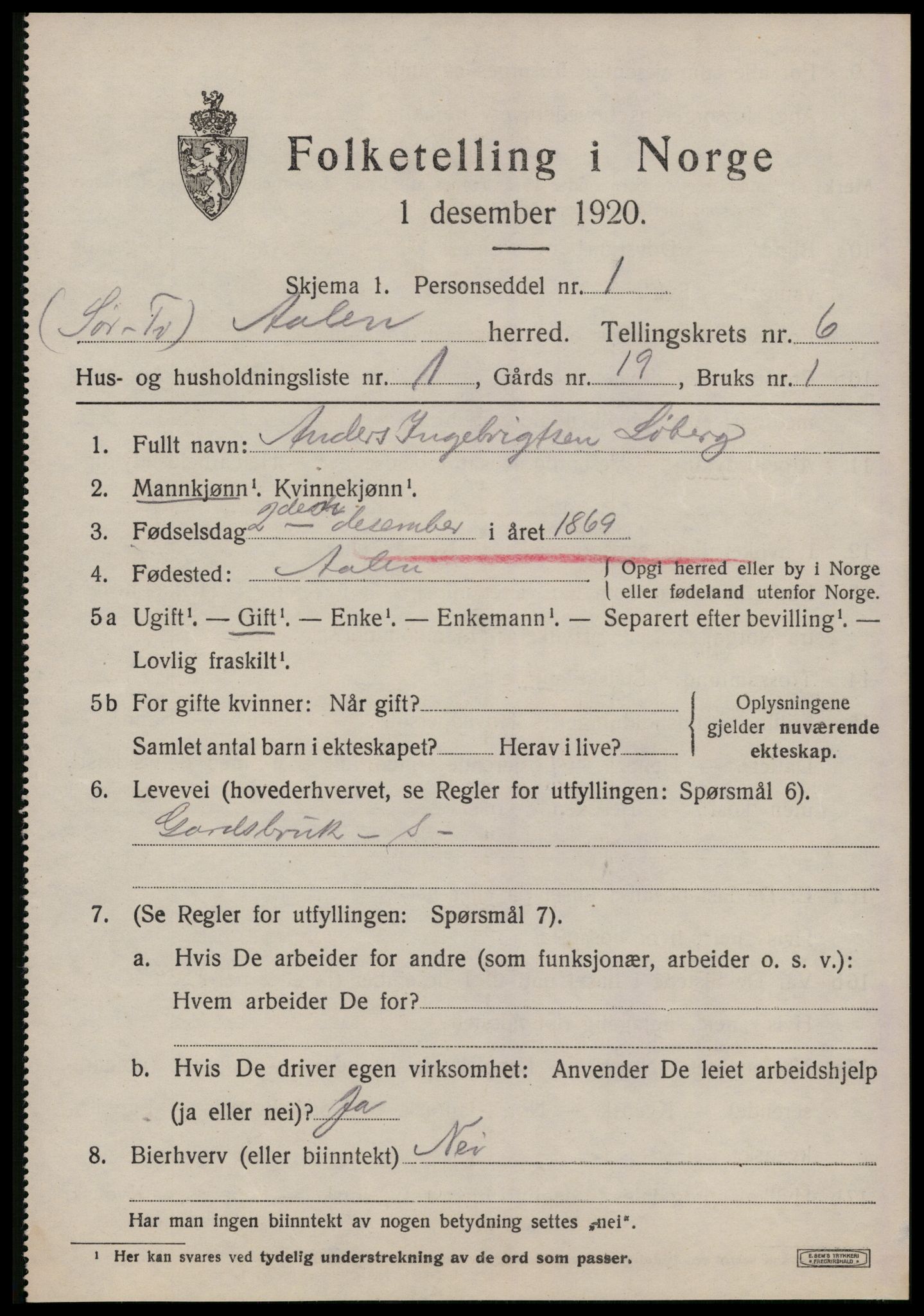 SAT, 1920 census for Ålen, 1920, p. 2916